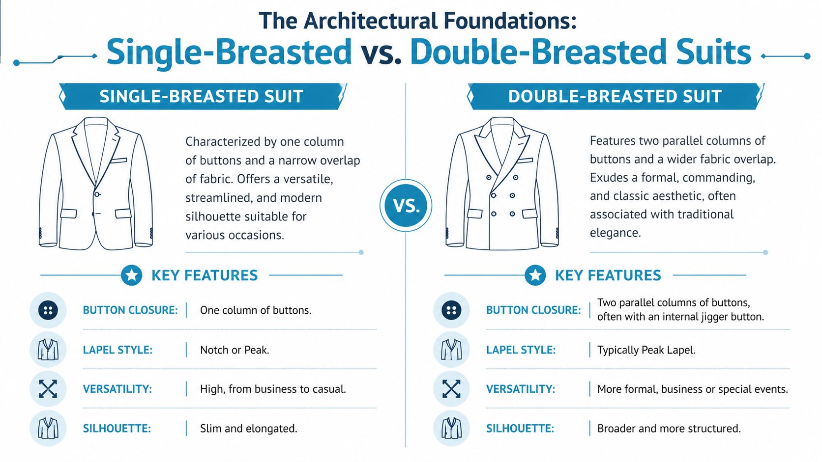 An infographic comparing the design features and stylistic differences between single-breasted and double-breasted suit jackets.