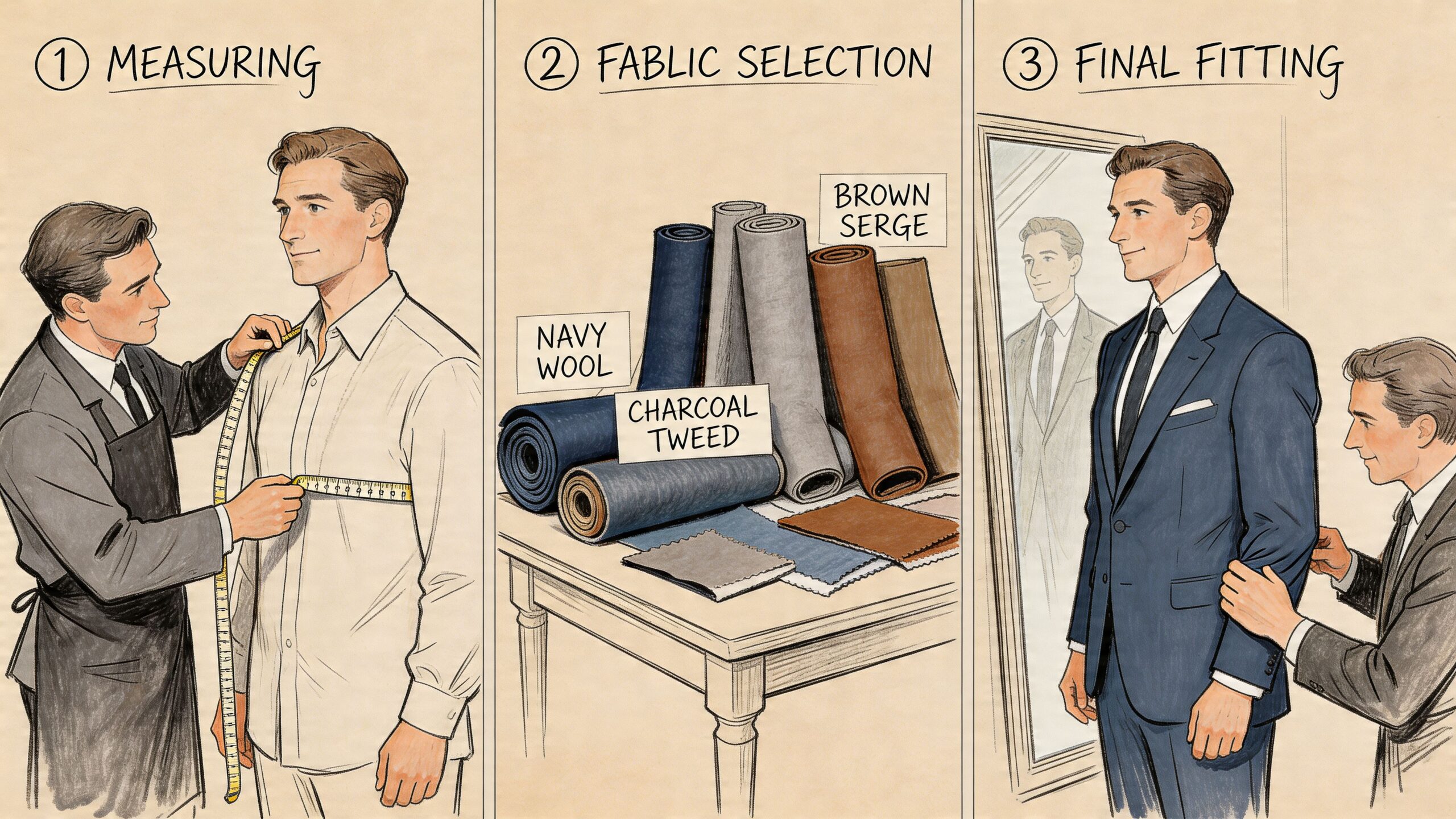 A hand-drawn illustration showing the three-step process of measuring, fabric selection, and final fitting for a suit.