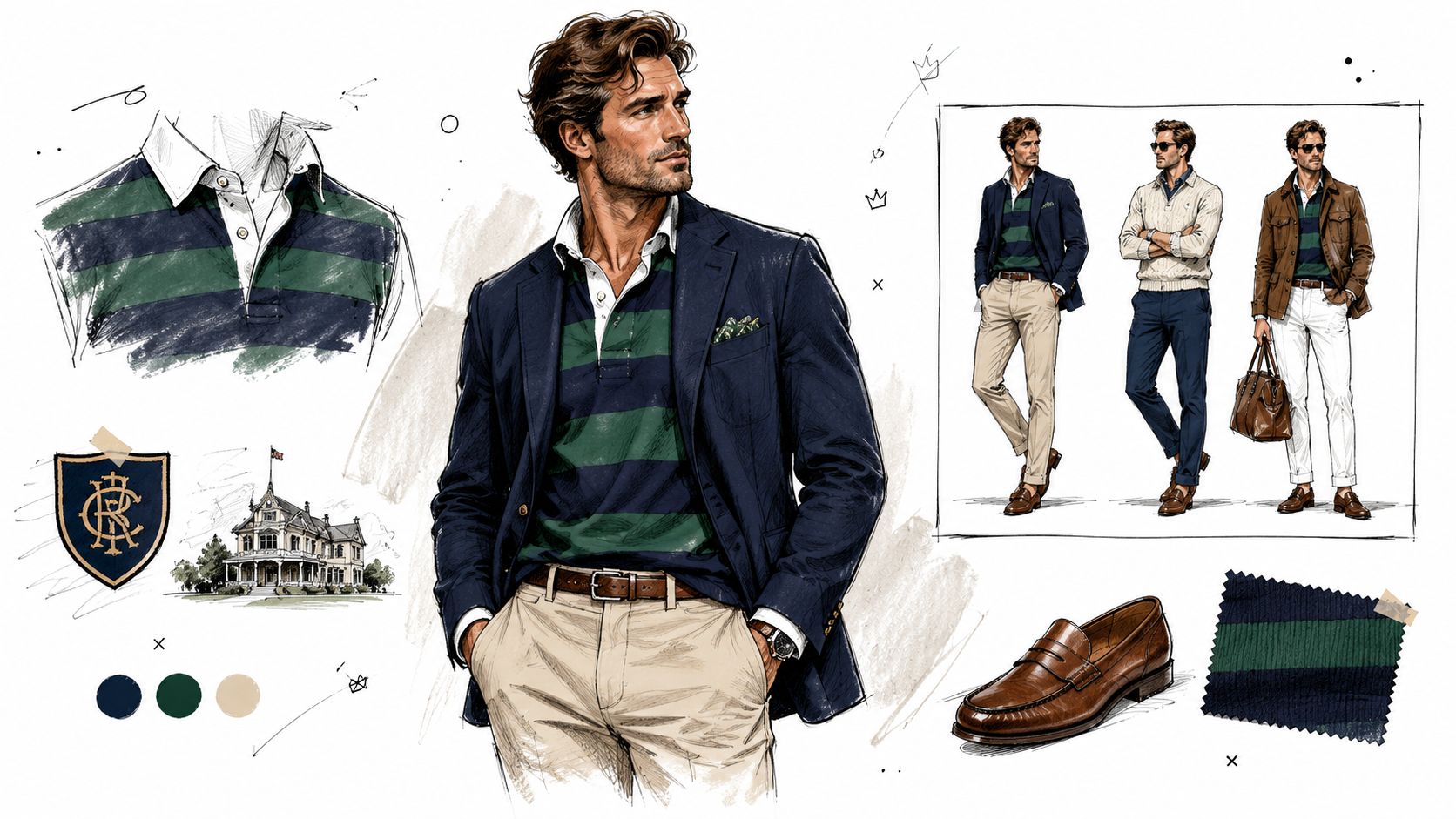 A fashion illustration featuring a man in a rugby shirt and blazer, showcasing preppy style options.