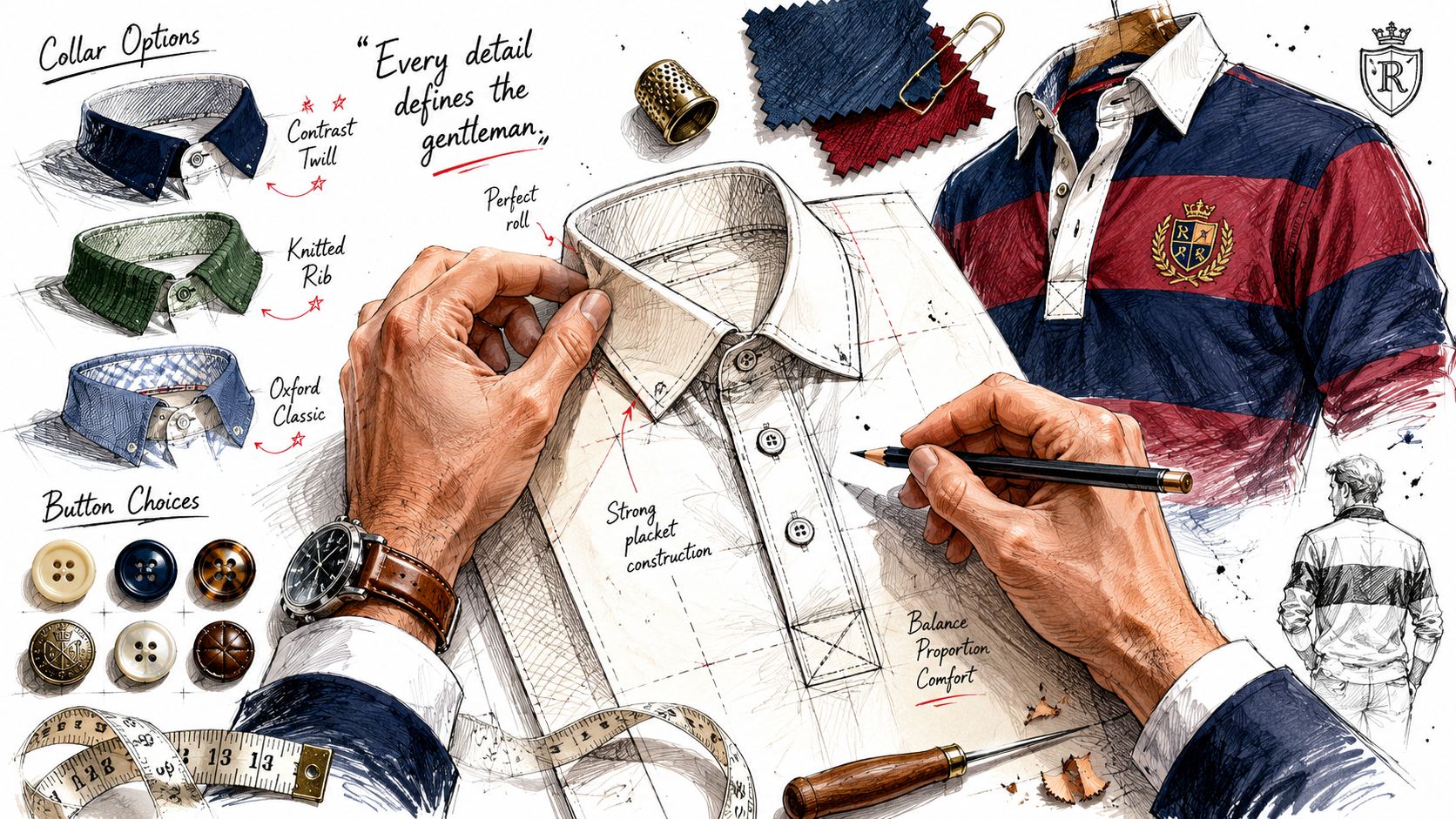 A detailed fashion illustration showing the design process of bespoke rugby shirts with collar and button options.