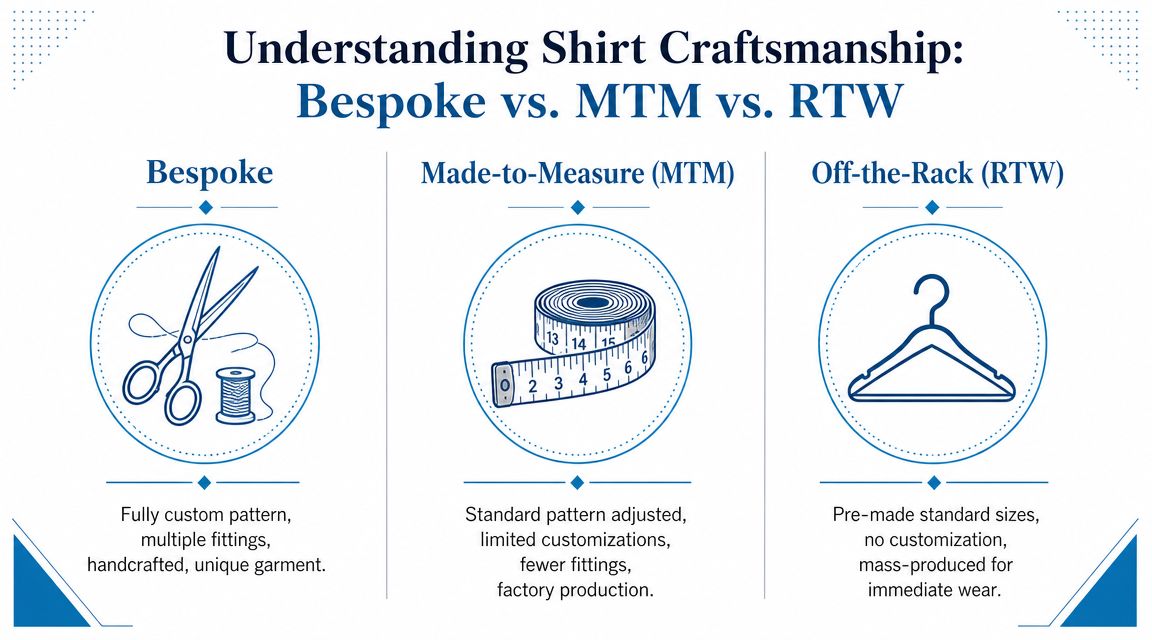 A comparison graphic explaining the differences between bespoke, made-to-measure, and off-the-rack shirt manufacturing processes.