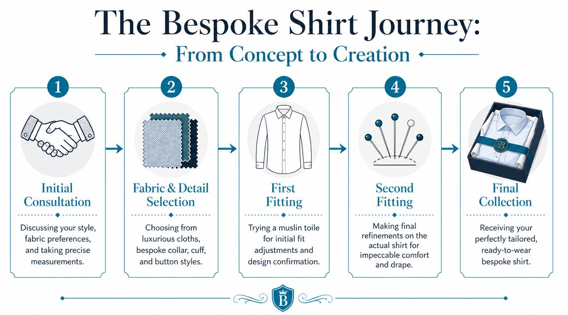 A five-step infographic showing the bespoke shirt making process from initial consultation to final collection.