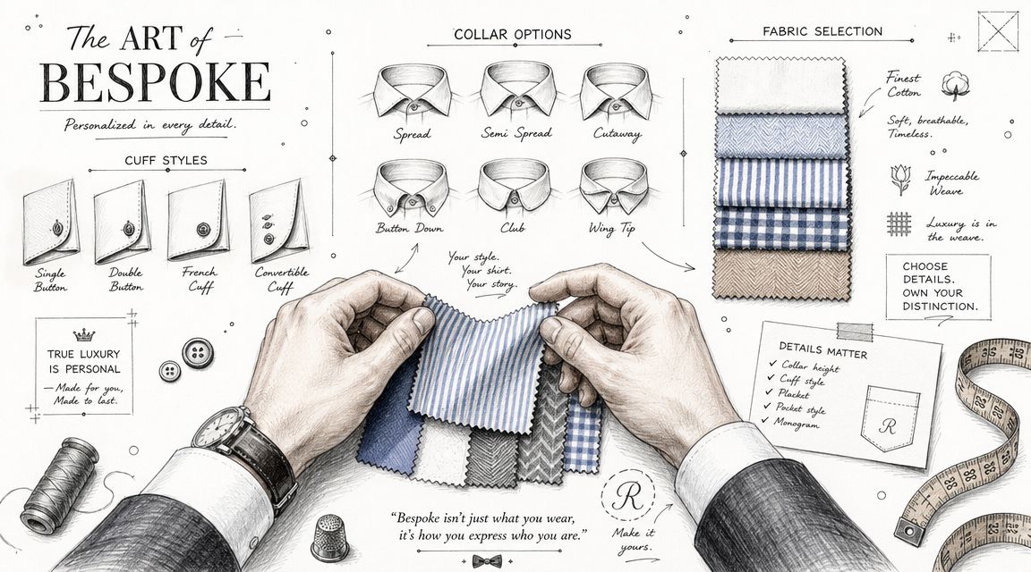A detailed illustration showing a tailor choosing fabric swatches for a custom bespoke shirt with various style options.