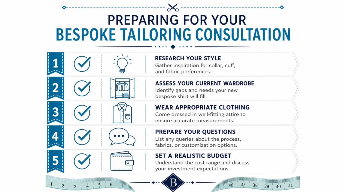 An infographic titled Preparing for Your Bespoke Tailoring Consultation with five numbered tips and icons.