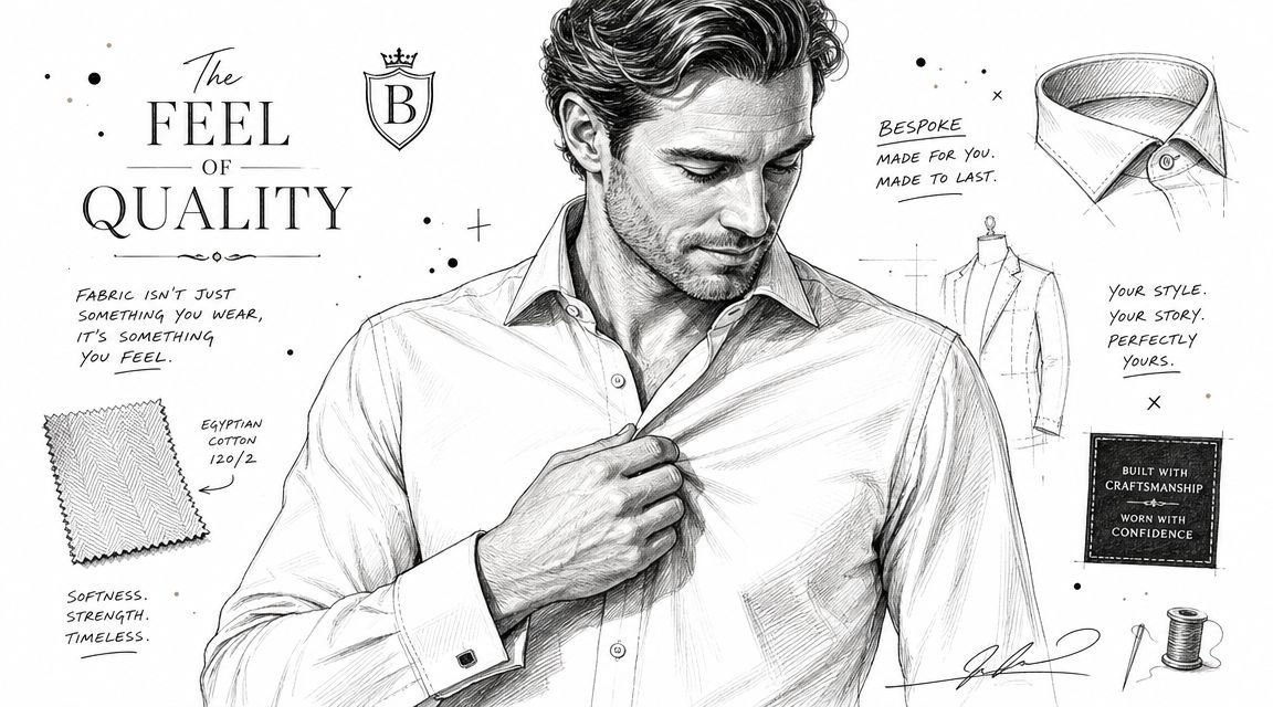A detailed illustration of a man wearing a bespoke dress shirt with fabric and tailoring details.