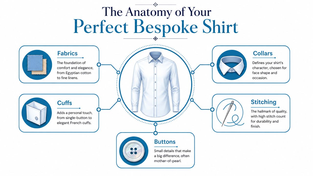 A detailed infographic titled The Anatomy of Your Perfect Bespoke Shirt, showcasing essential customization elements for shirts.