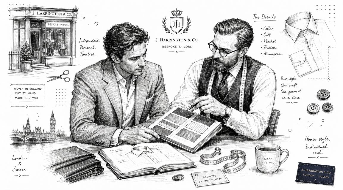 A bespoke tailor discussing fabric swatches with a customer inside a professional tailor shop sketch.