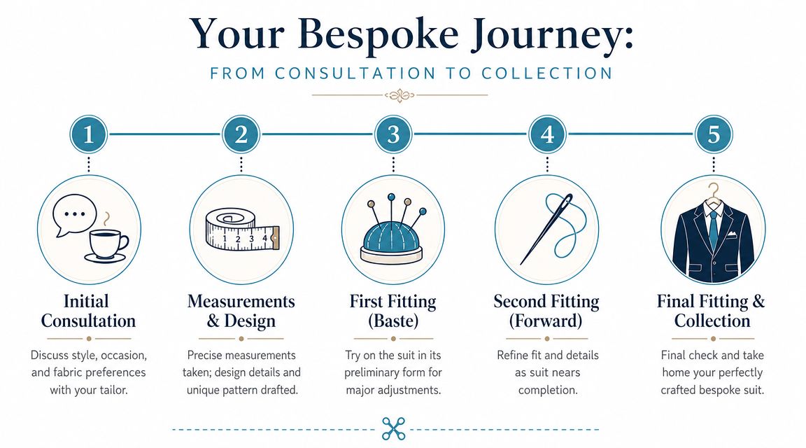 A five-step infographic showing the bespoke suit creation journey from initial consultation to final collection.