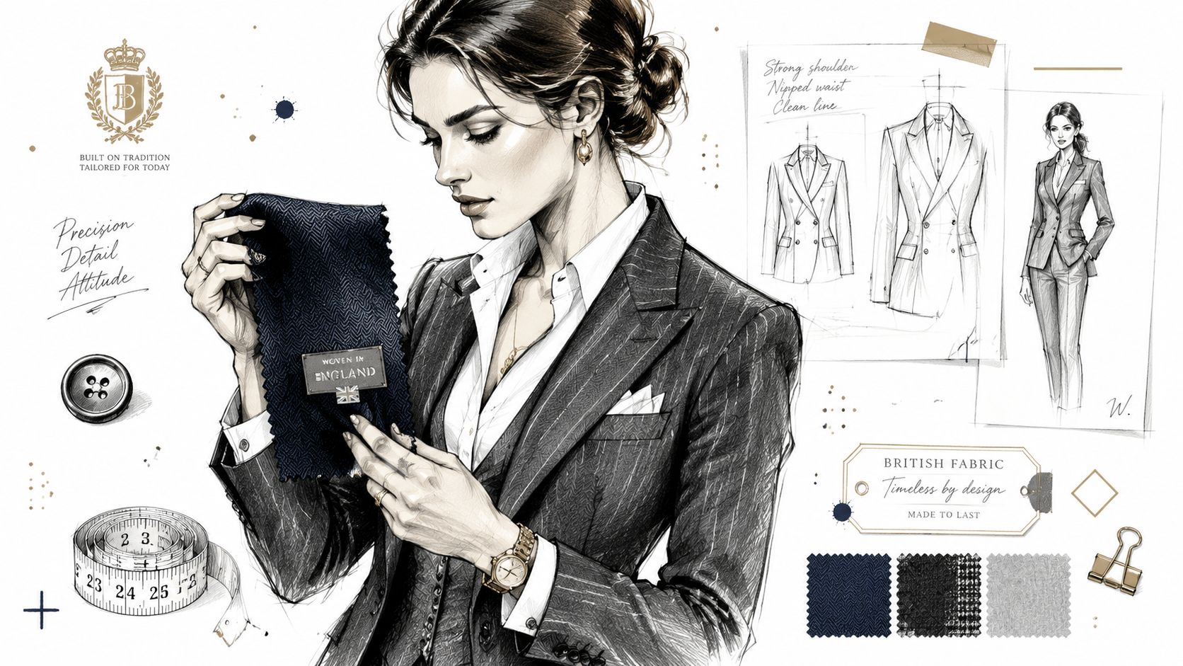 A sophisticated fashion sketch of a woman in a bespoke suit examining a fabric sample, featuring tailoring details.