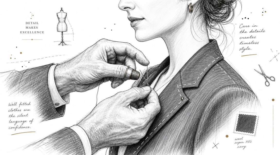 A detailed pencil sketch of a tailor adjusting a bespoke jacket on a woman's shoulder.