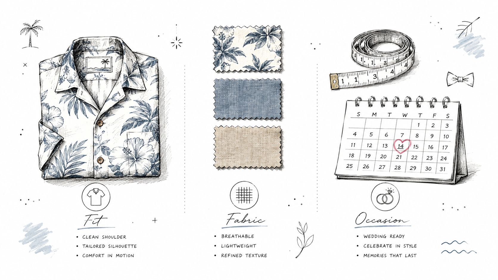 A hand-drawn infographic showing custom Hawaiian shirt features, fabric options, measurement tools, and wedding occasion planning.