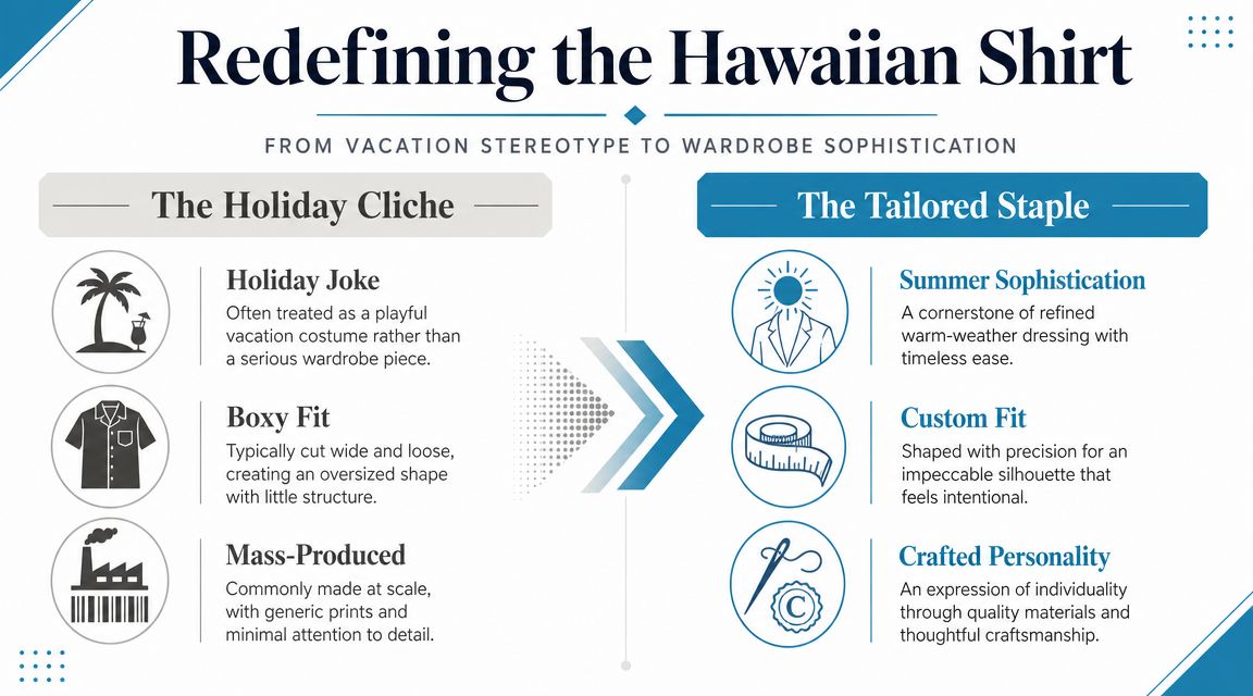 A comparison infographic showing the evolution of Hawaiian shirts from holiday cliches to tailored sophisticated wardrobe staples.