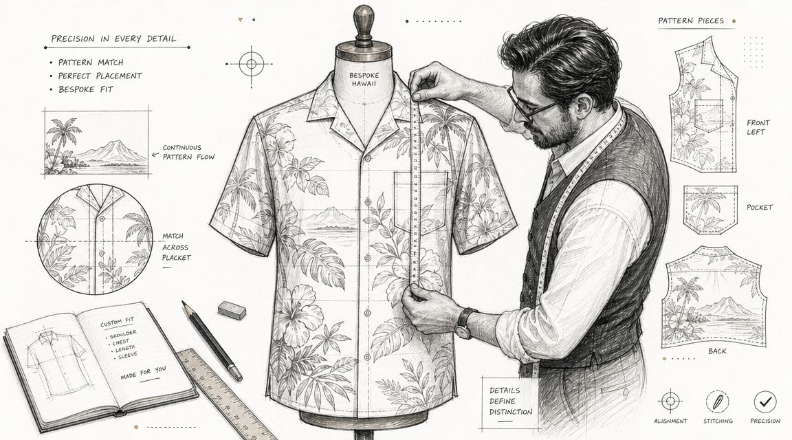 A professional tailor measures a custom Hawaiian shirt on a mannequin with design sketches in the background.
