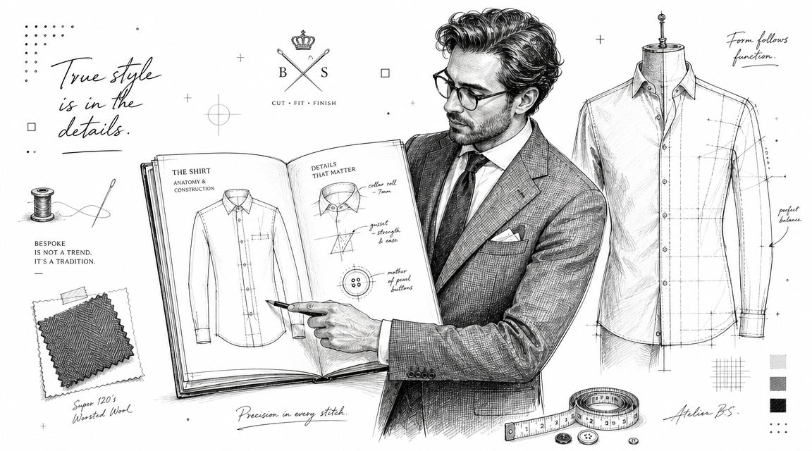 A sophisticated tailor explains custom shirt construction details using an open technical sketchbook and a dress mannequin.