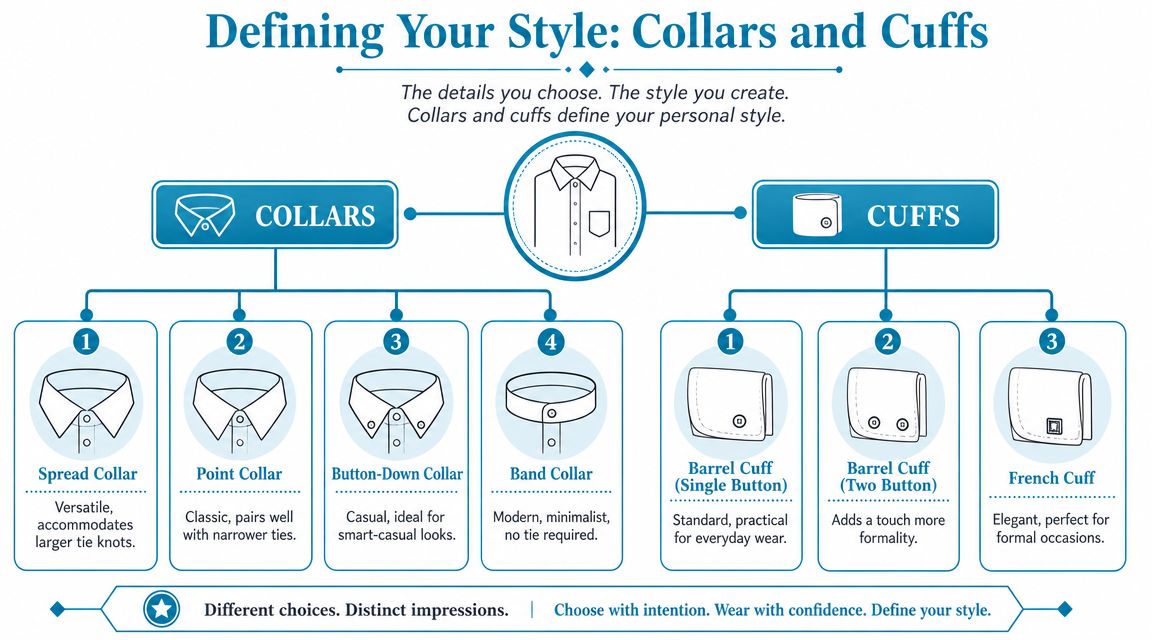 An infographic displaying different types of shirt collars and cuffs to help define personal style.