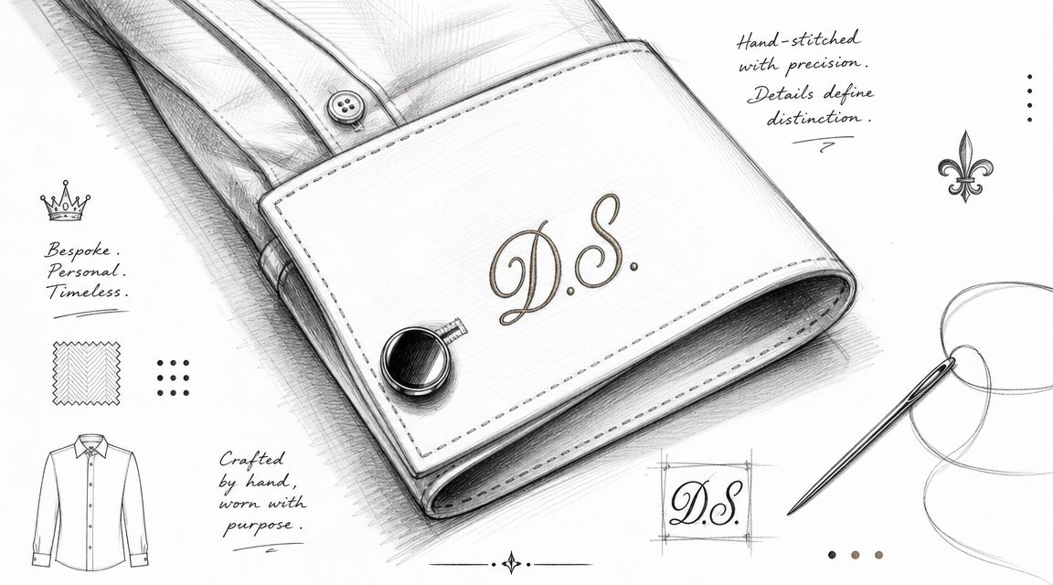 A detailed pencil sketch of a monogrammed shirt cuff with a button, needle, and elegant typography.