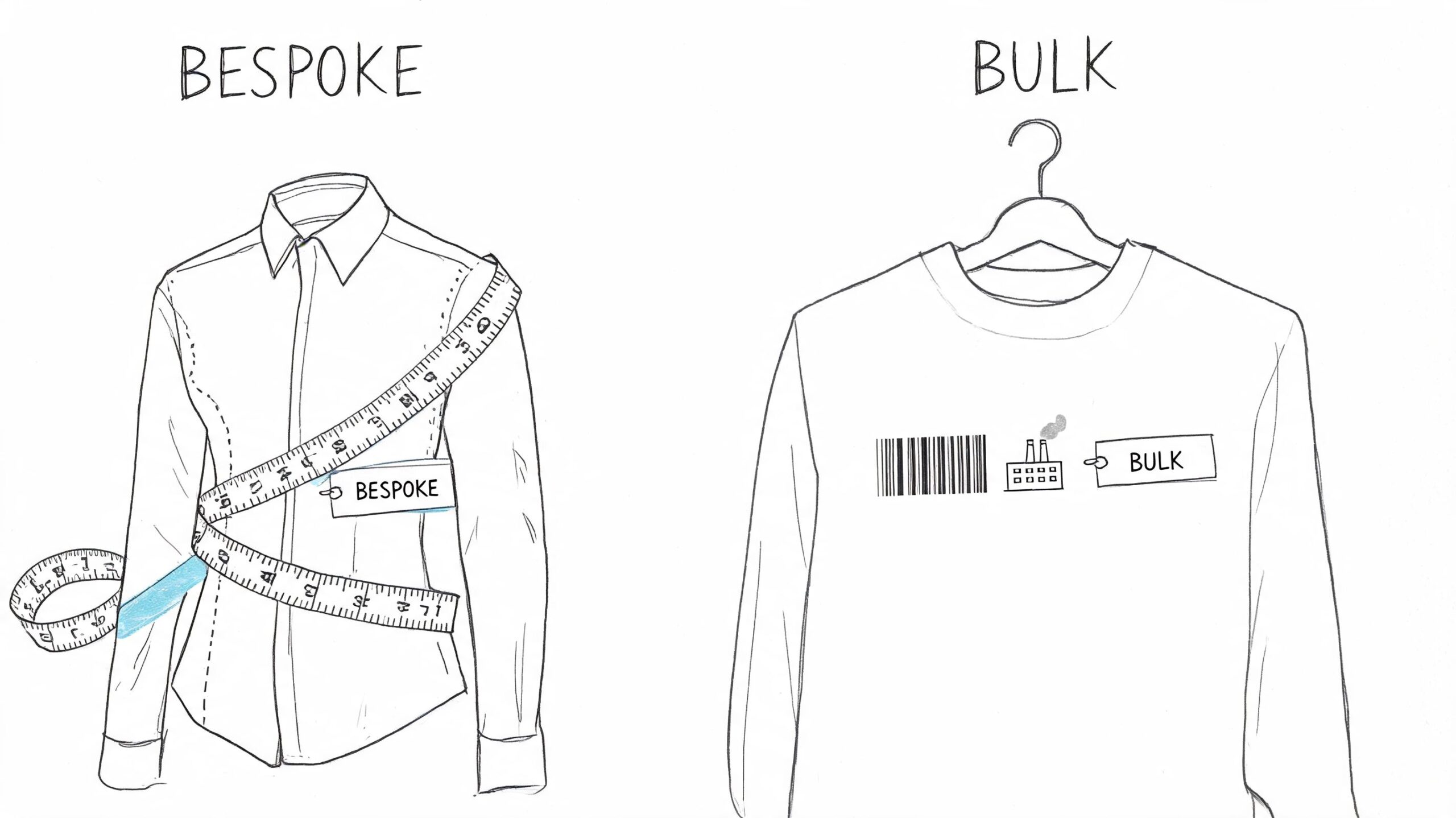 A line drawing illustration comparing a tailored bespoke dress shirt with a mass-produced bulk factory shirt.