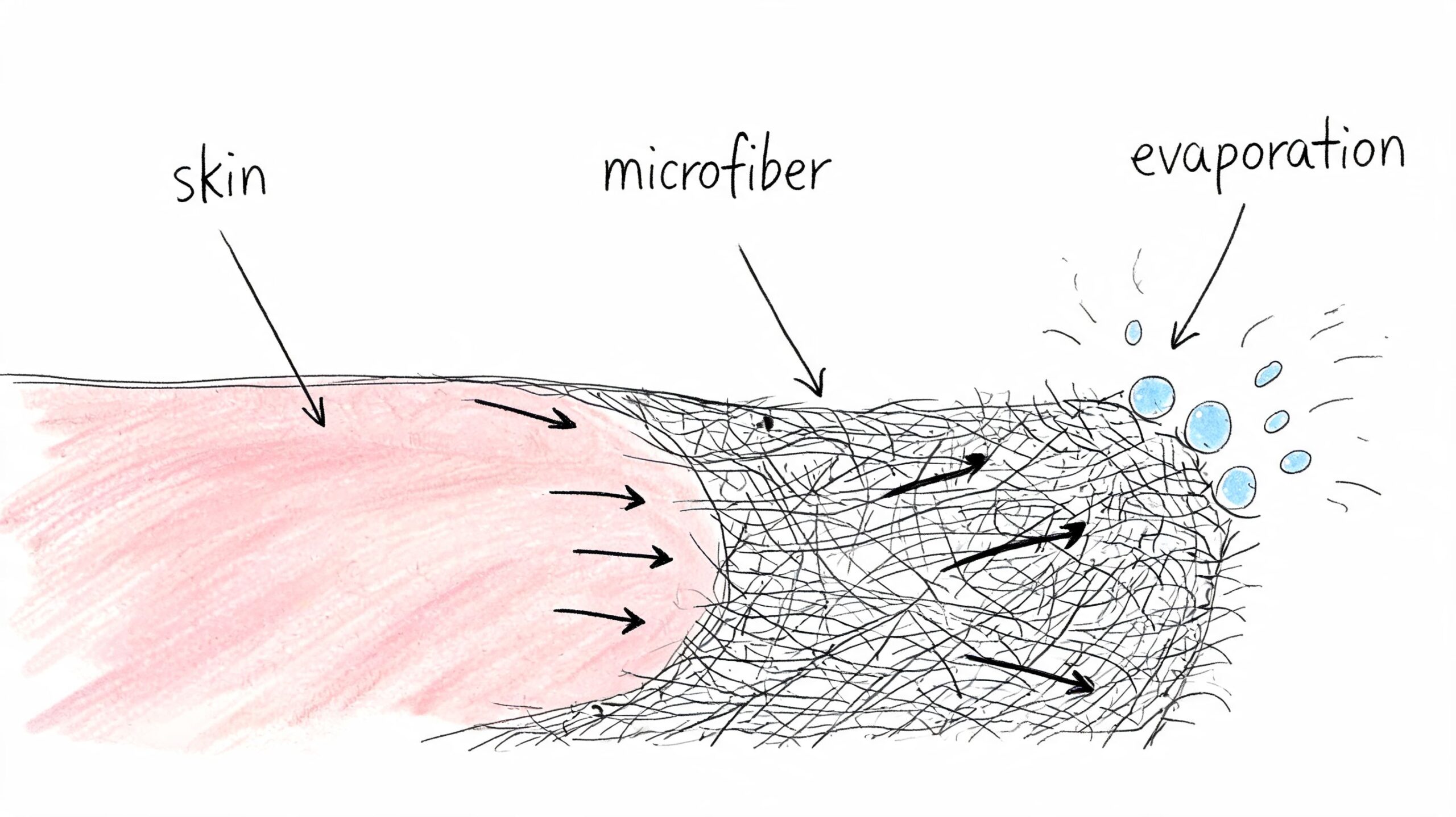 A diagram illustrating how moisture moves from the skin through microfiber fabric to facilitate rapid evaporation.