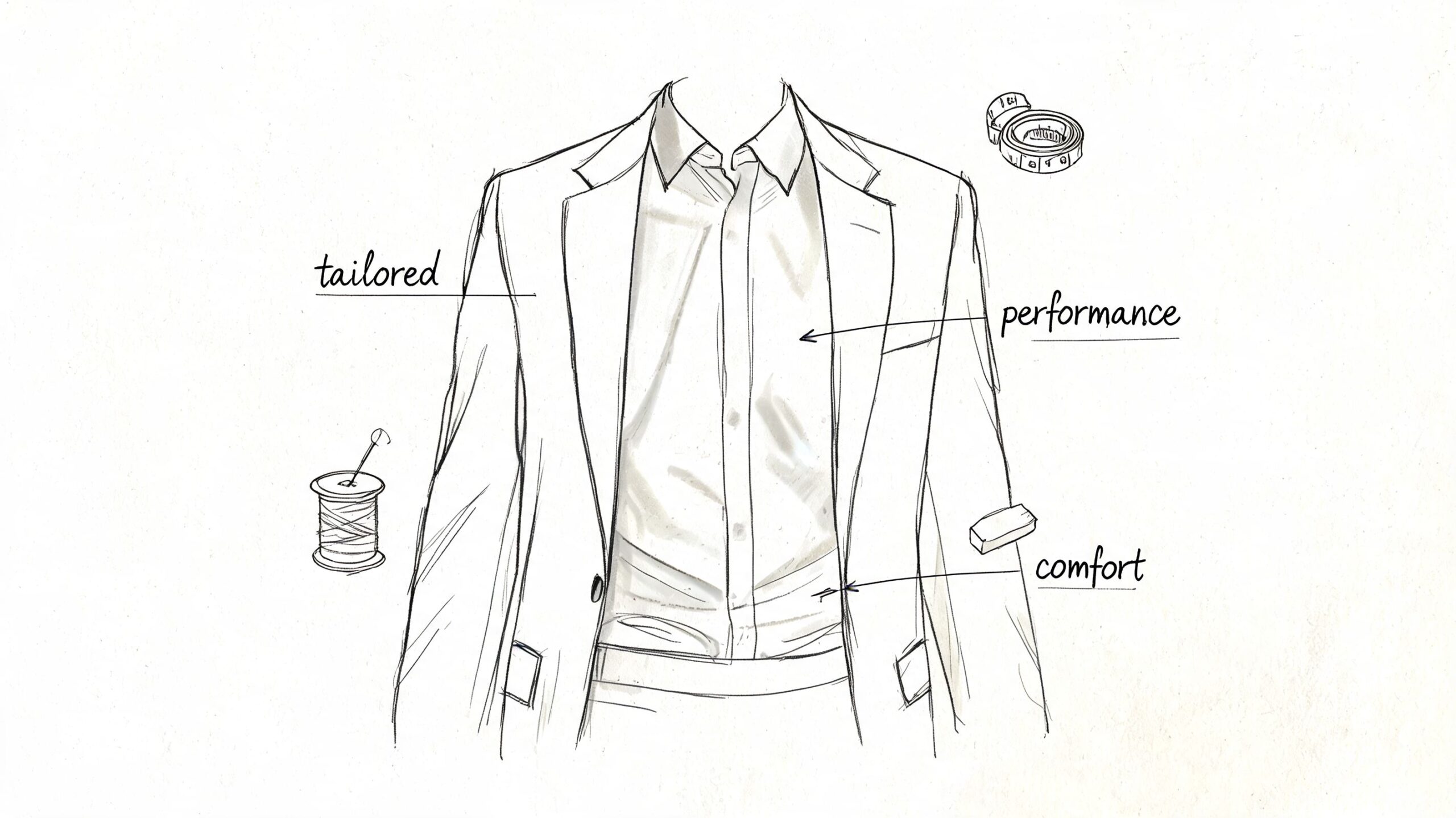 A sketched illustration of a tailored suit jacket and dress shirt with labels highlighting performance and comfort.