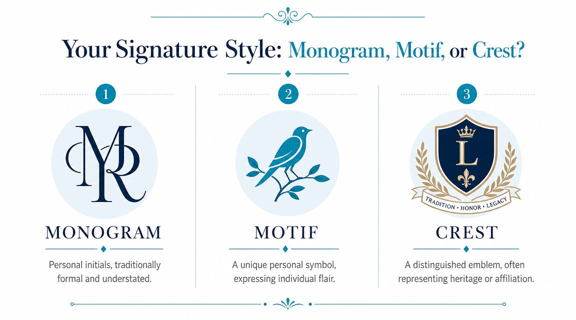 A graphic design guide comparing three signature style options for custom embroidery: Monogram, Motif, and Crest.