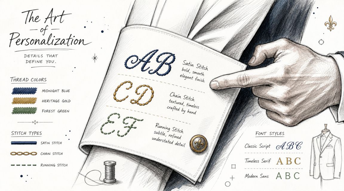 A detailed illustration showcasing embroidery customization options for shirts, including various thread colors, stitch types, and fonts.