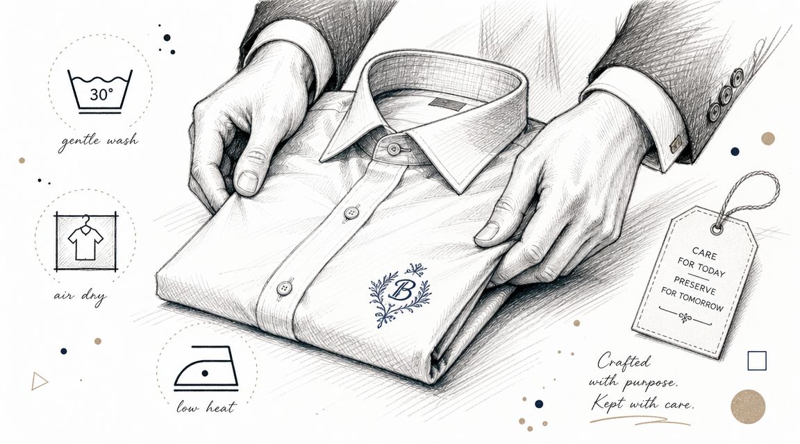 A detailed illustration of a person folding a crisp white shirt with custom embroidery and care instructions.