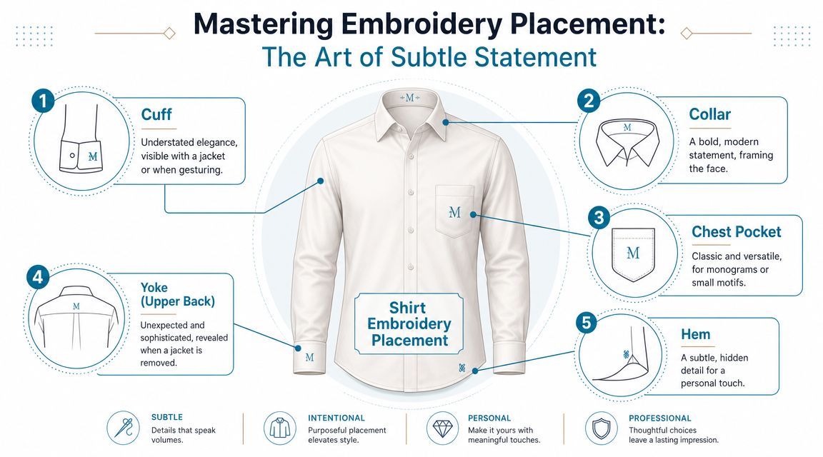 An infographic showing five ideal locations for placing embroidery on a dress shirt for men.