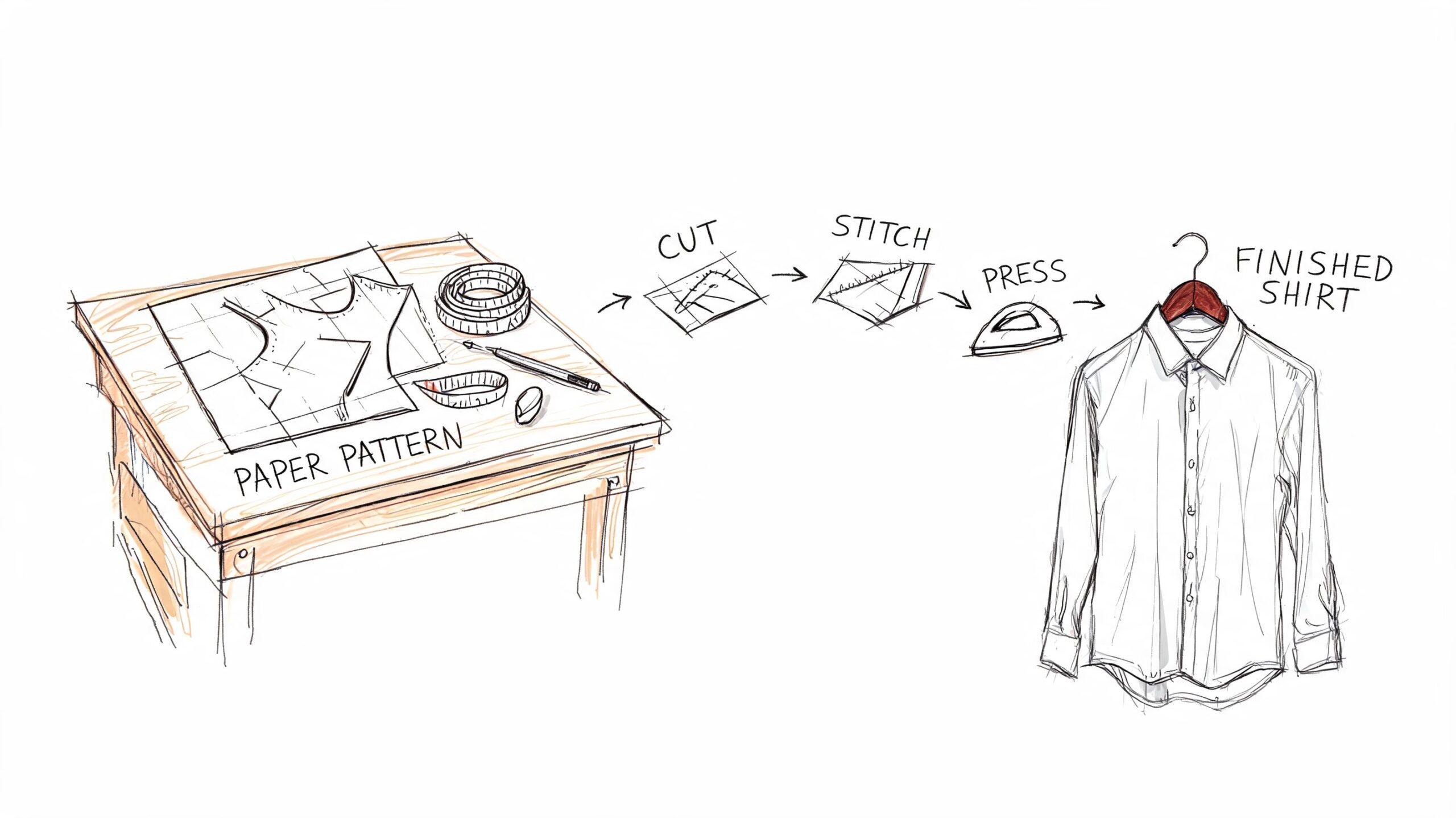 A hand-drawn sketch illustrating the garment manufacturing process from paper pattern to a finished dress shirt.