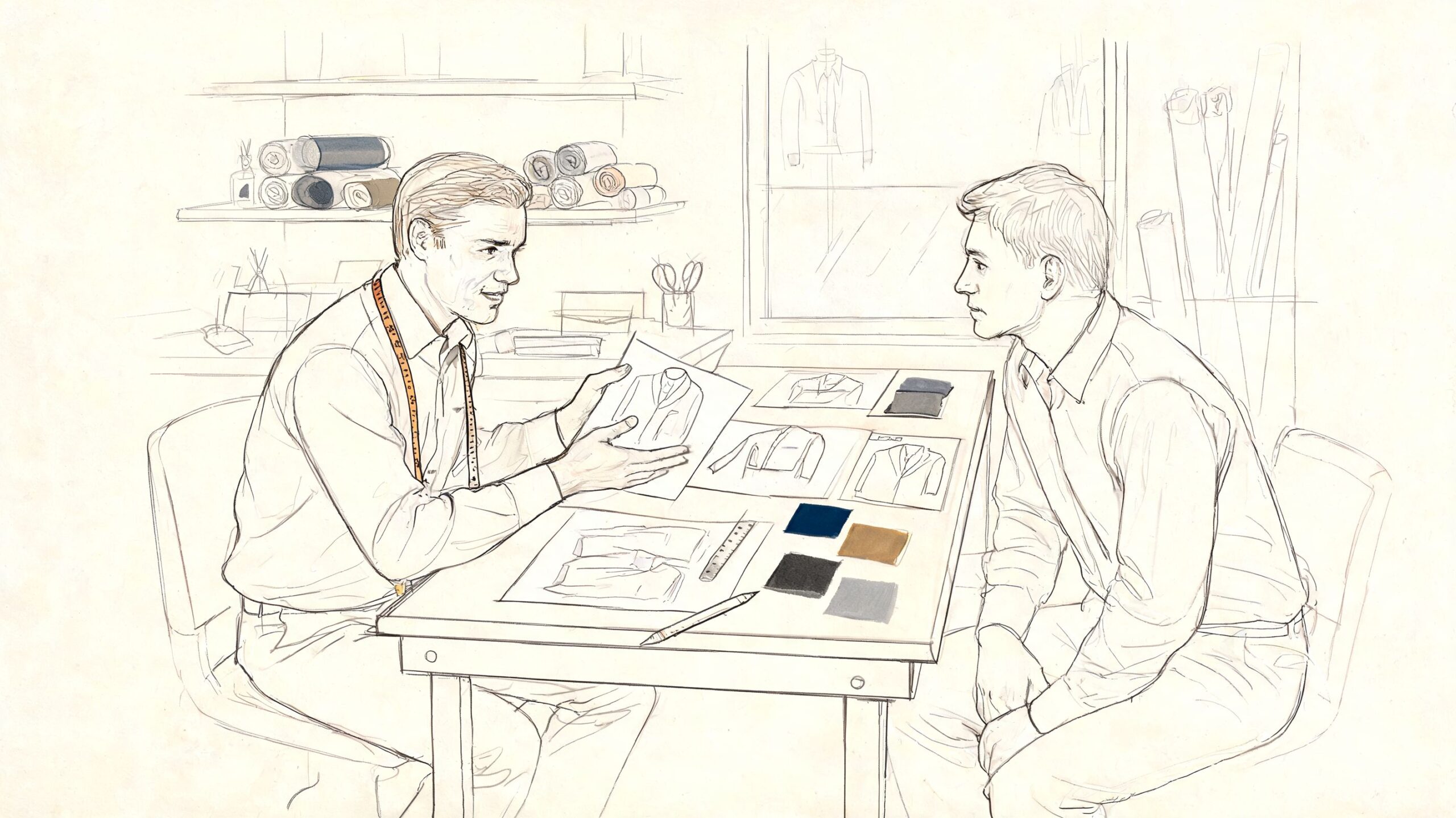 A tailor sits at a desk discussing design options and fabric swatches with a customer in a studio.