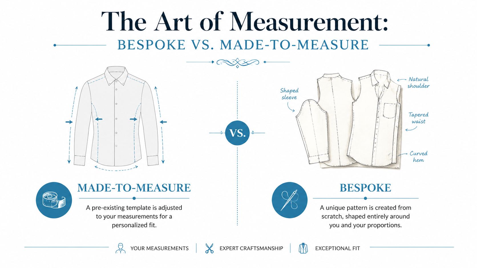 An infographic explaining the differences between custom-made and bespoke shirt tailoring processes and measurements.