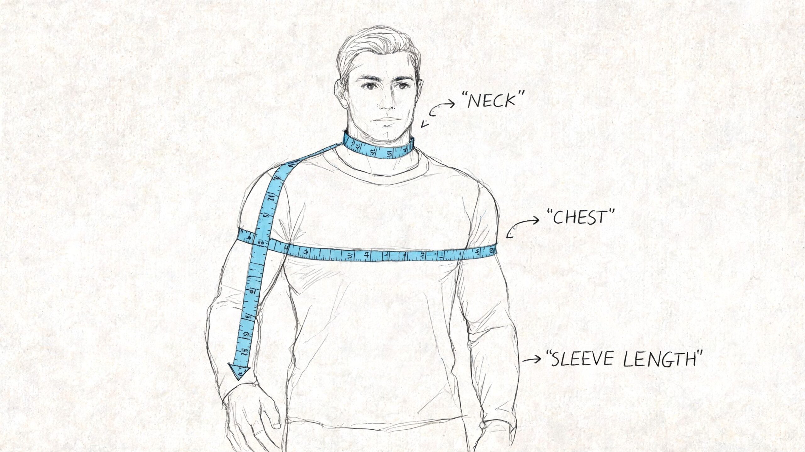 A diagram illustrating how to take accurate body measurements for a man's custom shirt fitting.