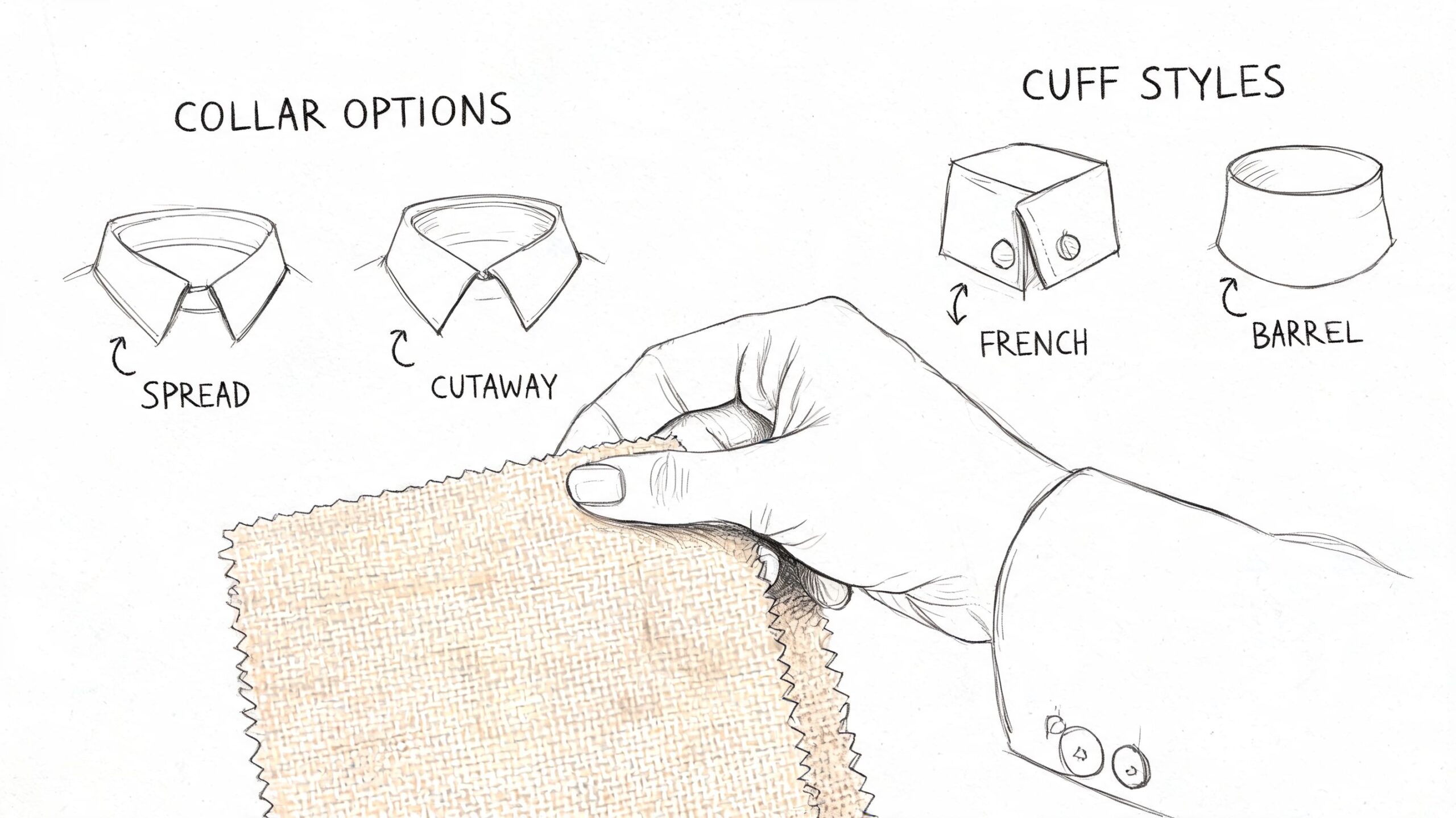 A hand holding a fabric swatch with illustrations of shirt collar and cuff styles above it.