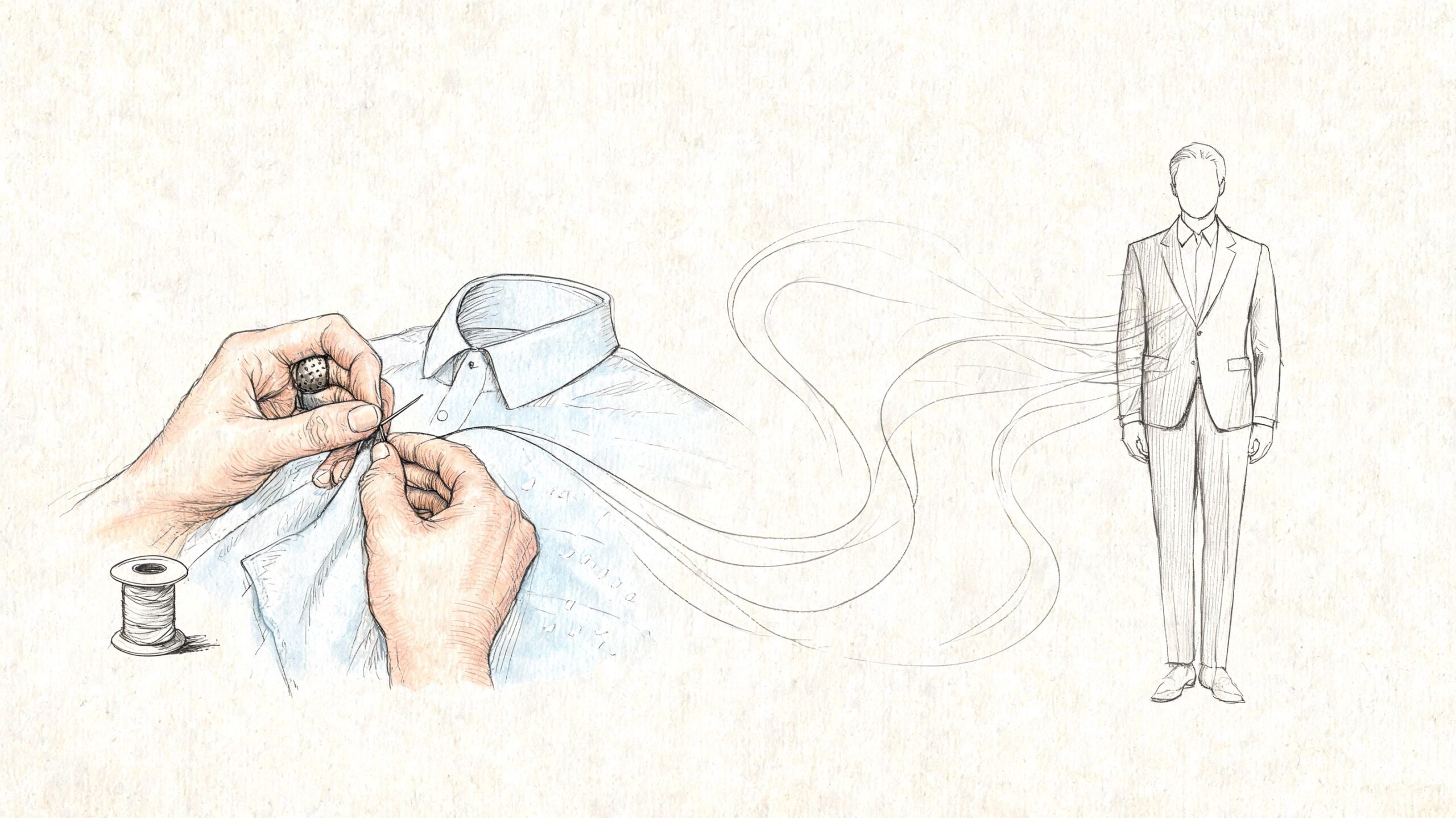 An artist's sketch depicting hands sewing a custom shirt connected to a well-dressed man in a suit.