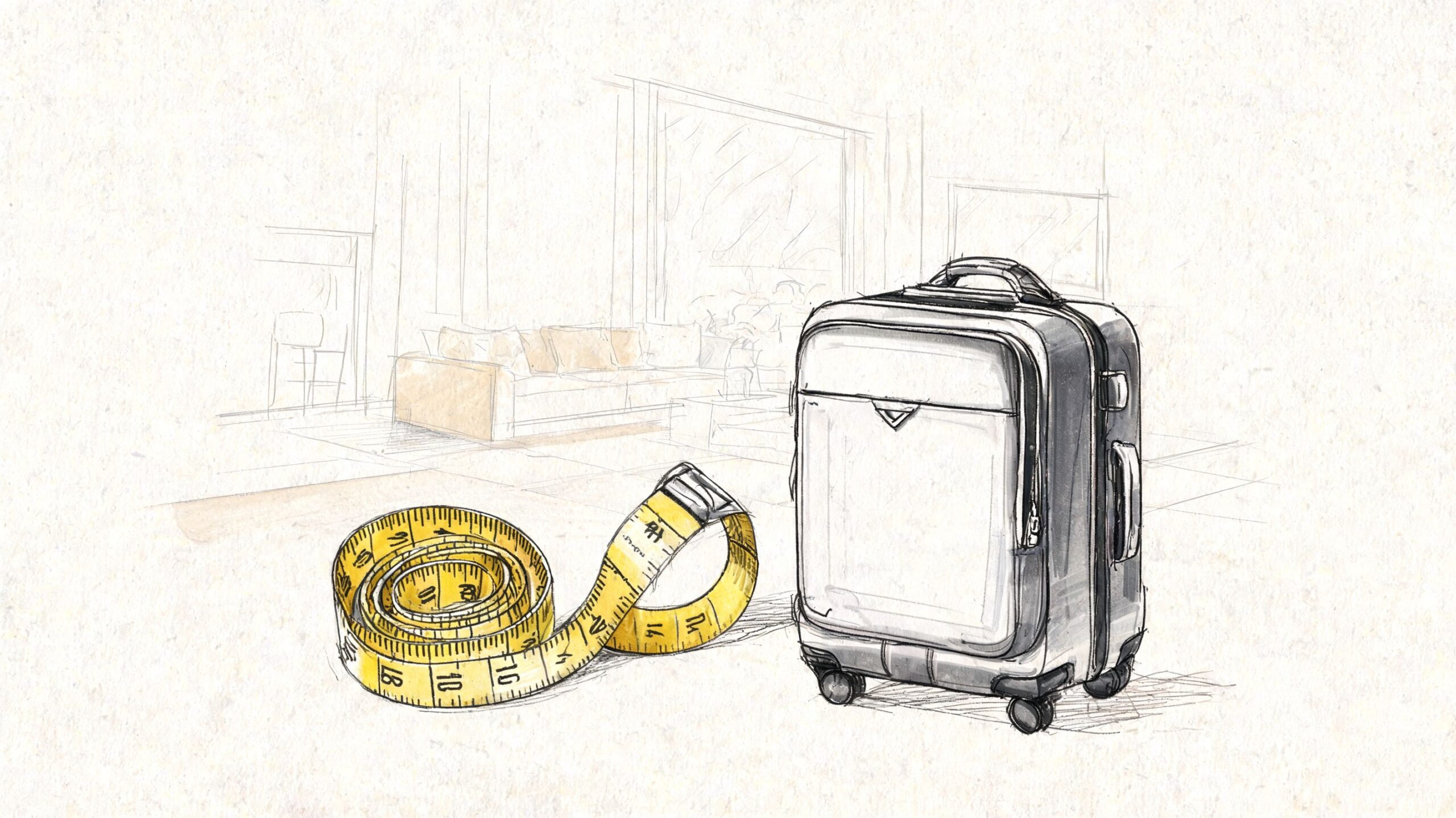 A sketched illustration of a travel suitcase alongside a coiled yellow measuring tape on a textured background.