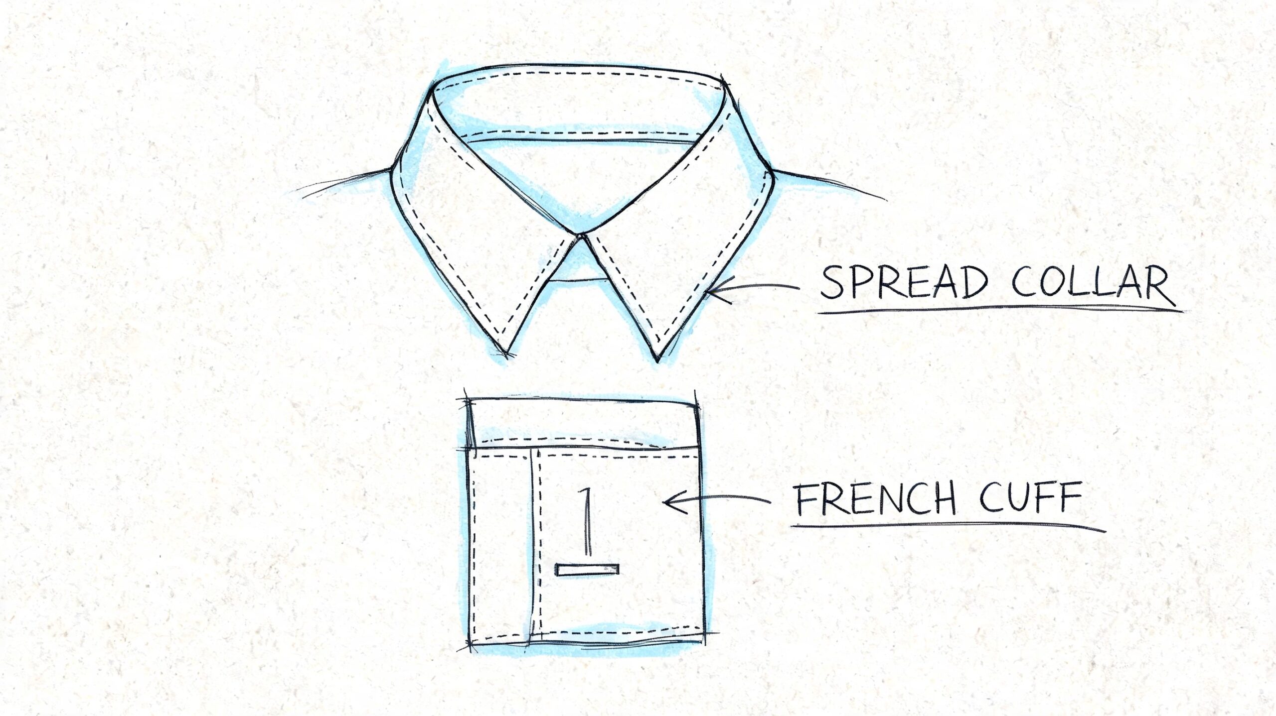 A hand-drawn illustration showing a formal men's shirt collar and a double French cuff detail.