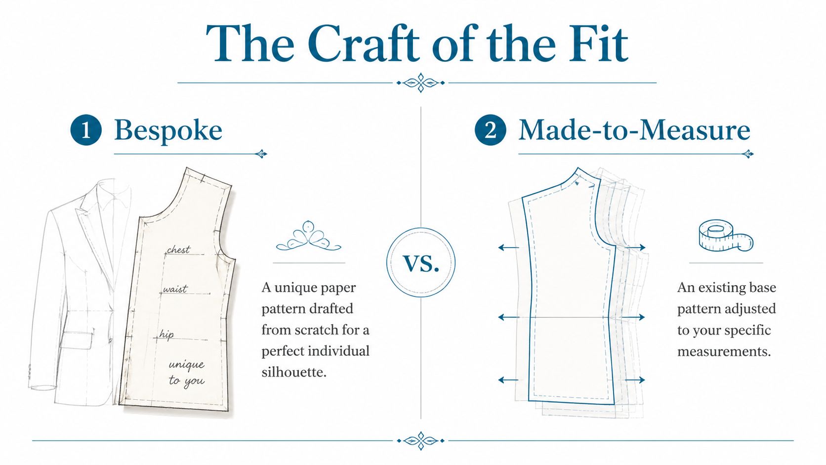 An infographic comparing the differences between bespoke and made-to-measure tailoring processes for custom clothing.
