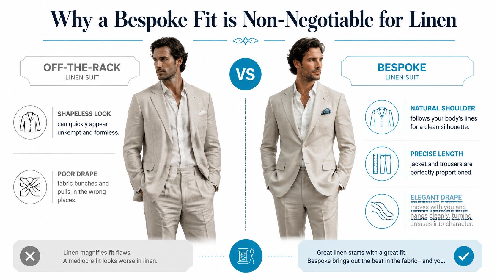A comparison infographic showing the difference between an ill-fitting off-the-rack linen suit and a perfectly tailored bespoke suit.