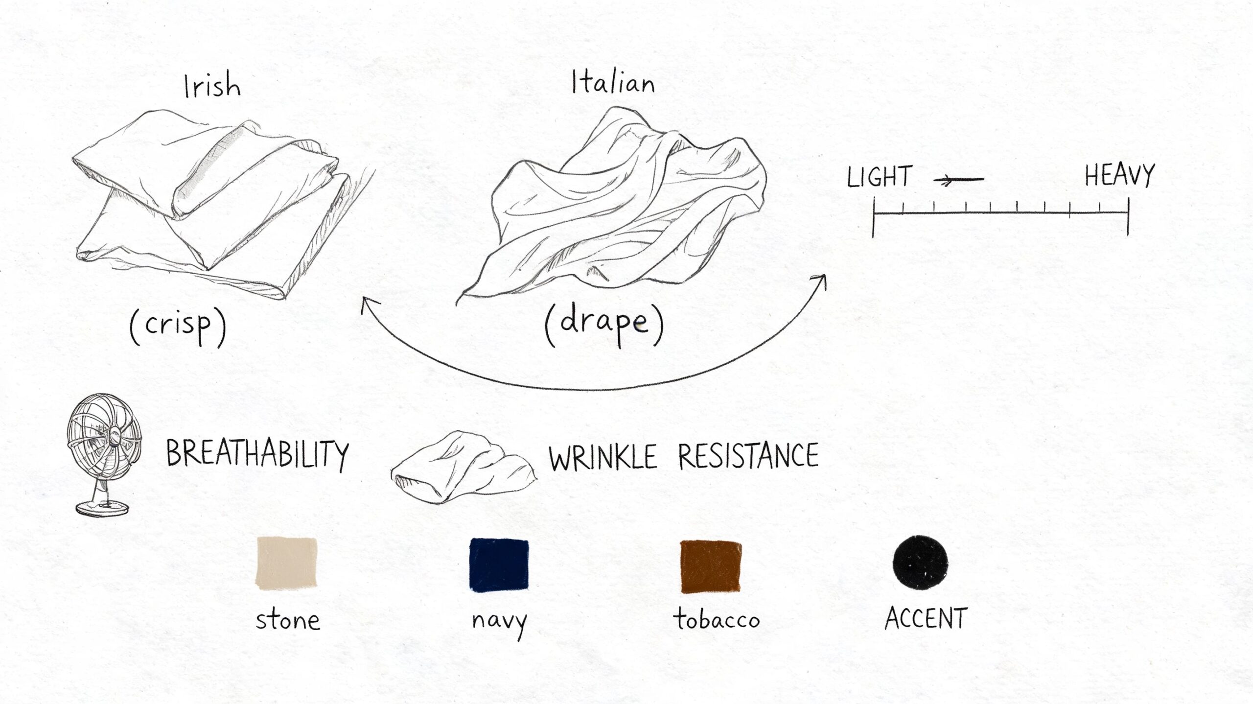 A diagram comparing Irish and Italian linen fabric characteristics including texture, drape, breathability, and common color options.