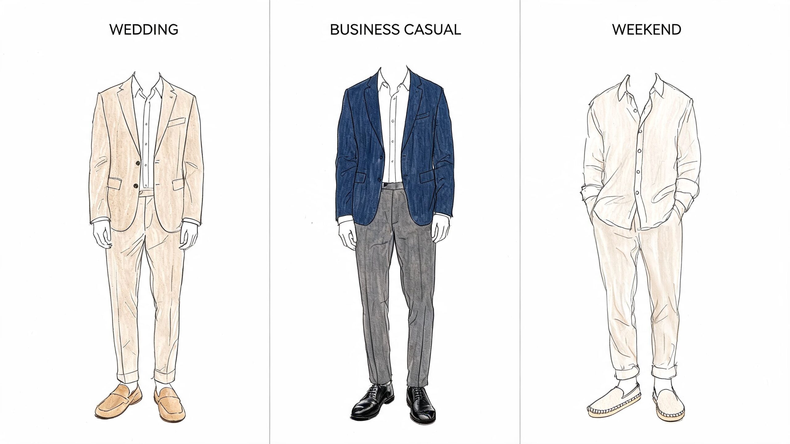 Three men's outfits illustrated: a beige wedding suit, a business casual navy blazer with grey trousers, and weekend linen.