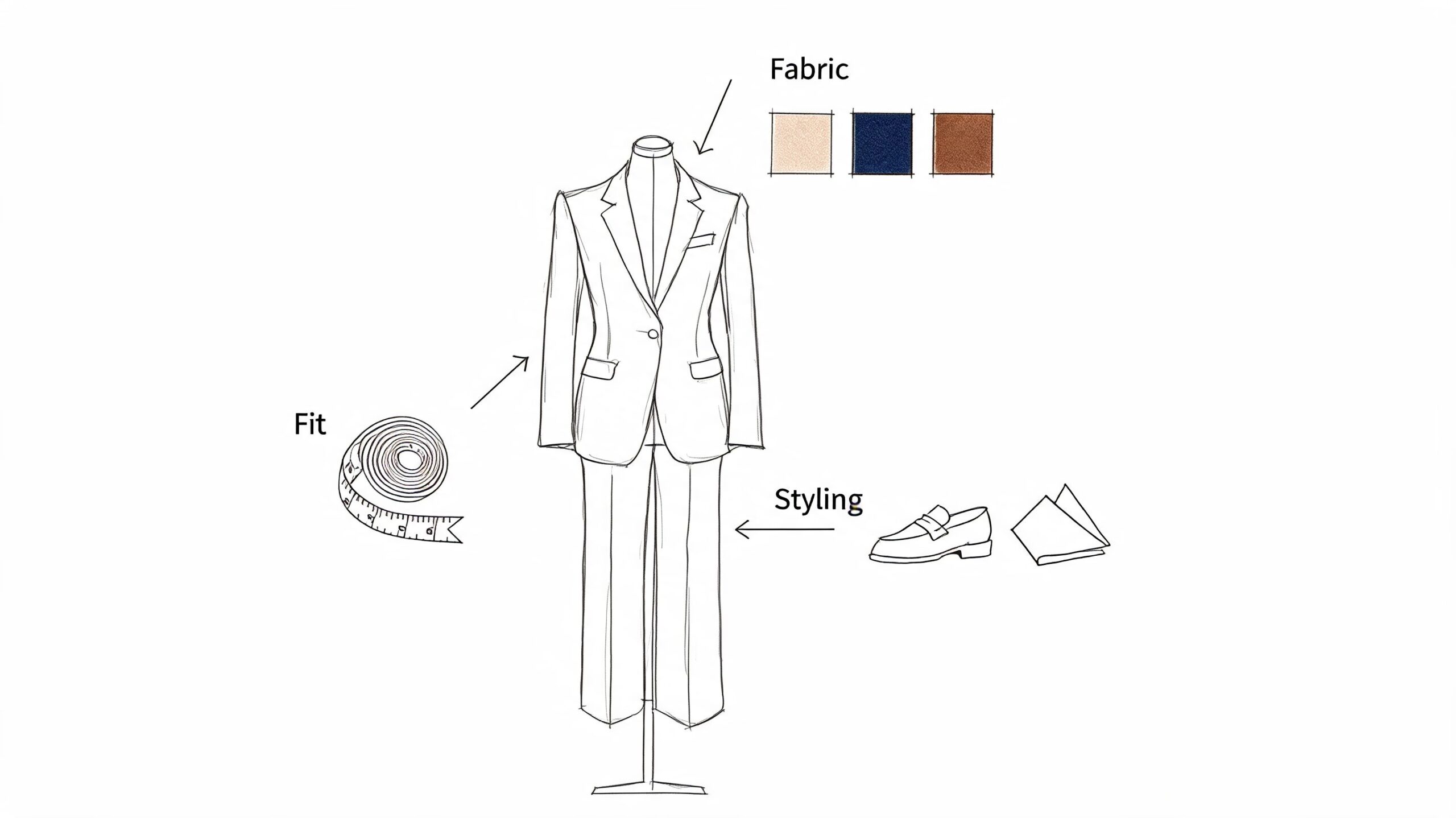 A conceptual illustration showing elements of choosing a suit including fabric options, fit measurements, and styling accessories.