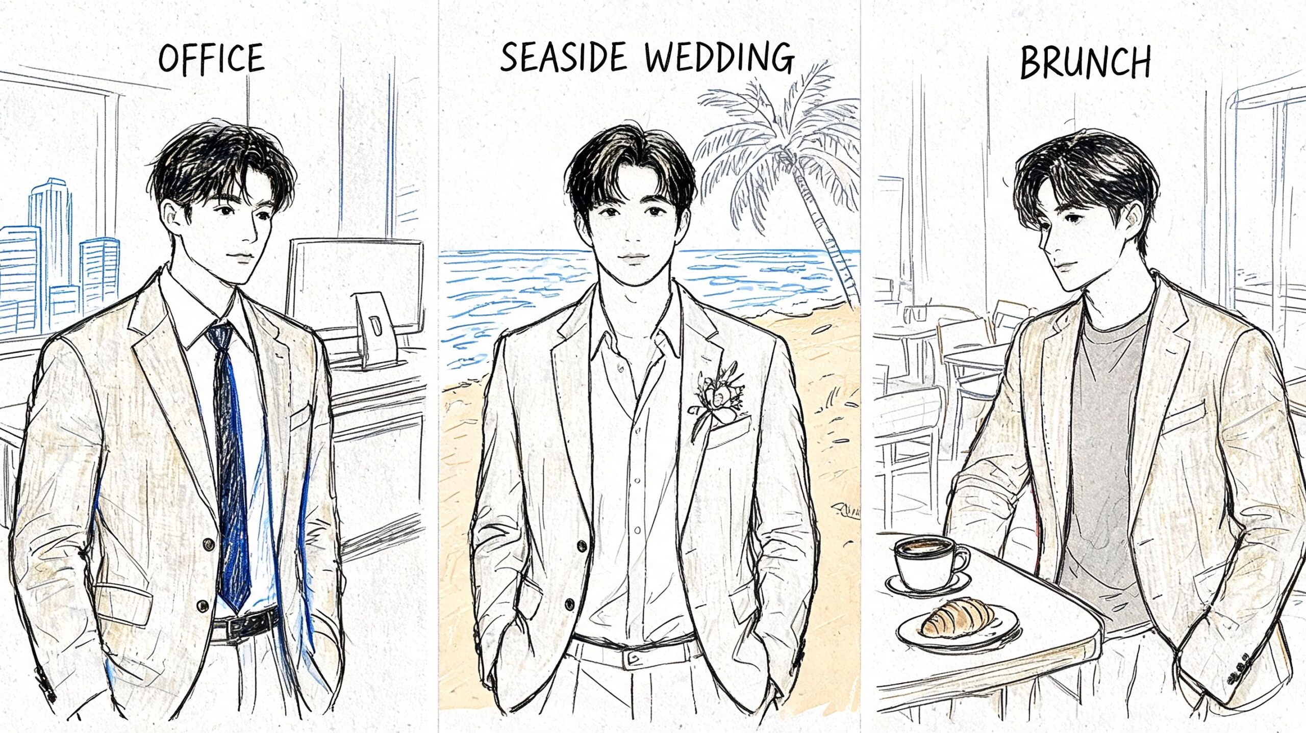 Three illustrations of a man wearing a beige linen suit jacket for office, wedding, and brunch occasions.