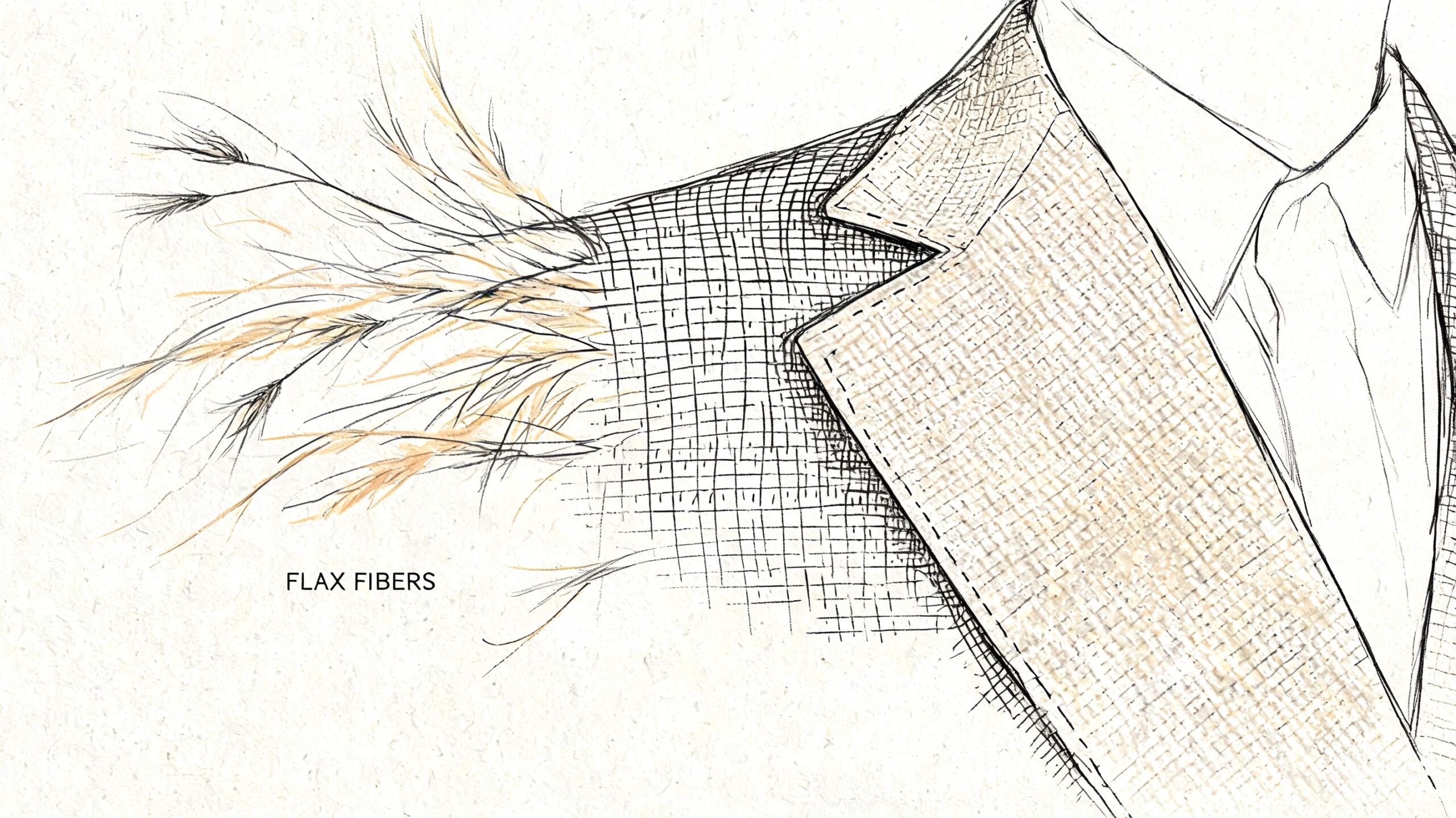 A detailed fashion illustration showing flax fibers transitioning into the woven texture of a man's linen suit jacket.