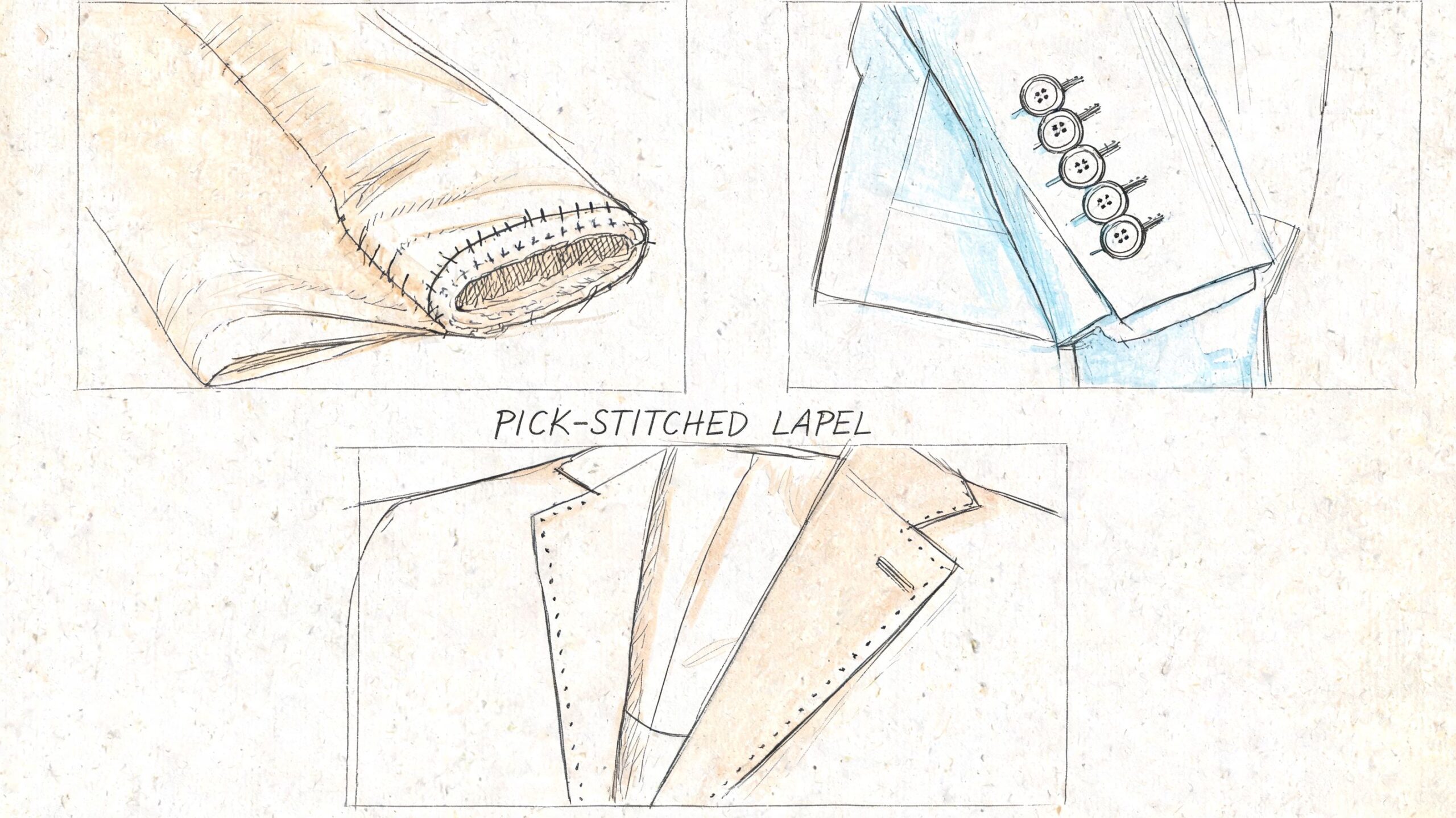 A hand-drawn illustration showing tailoring details of a linen suit jacket including lapel stitching and sleeve buttons.