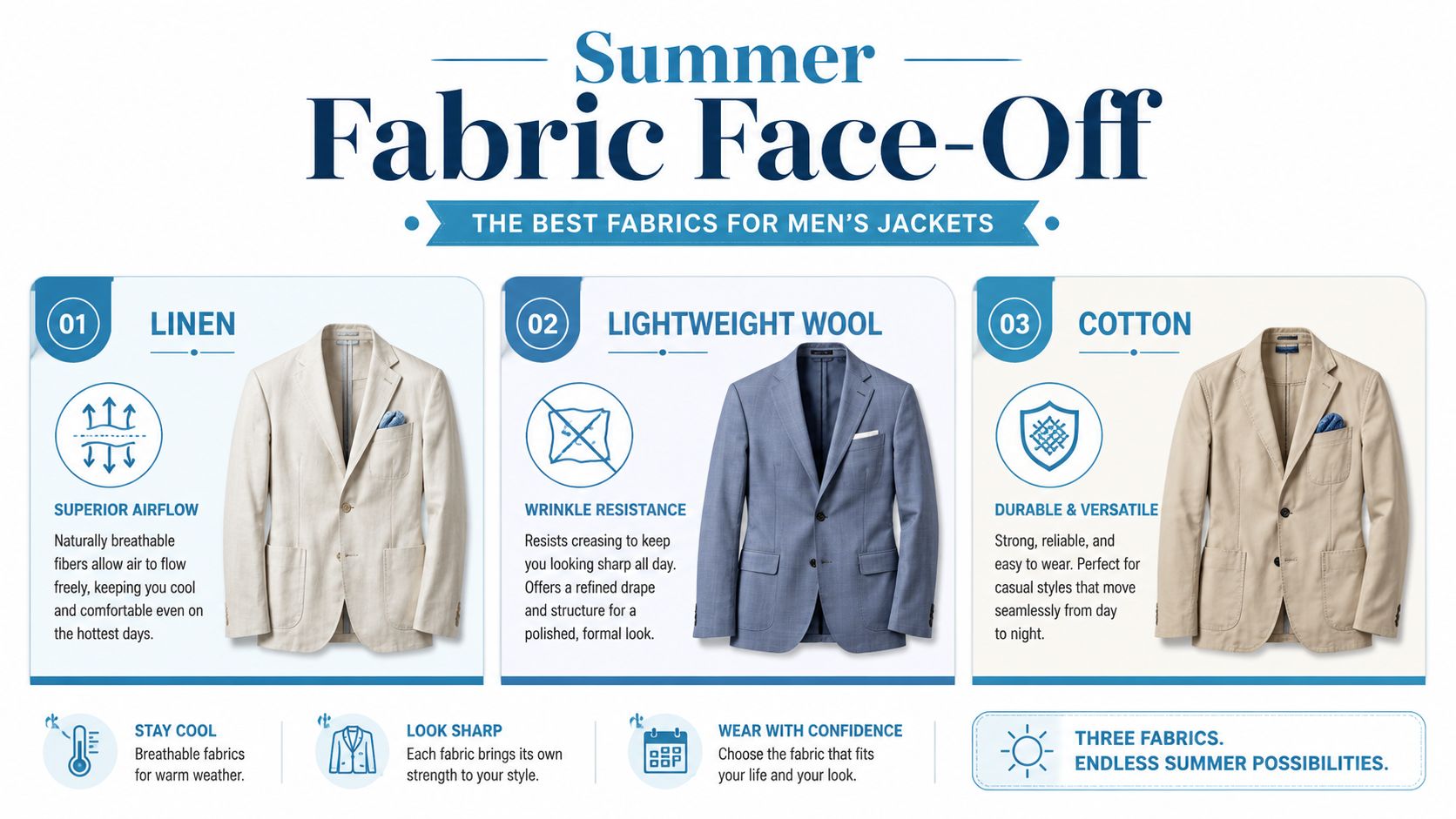 An infographic comparing linen, lightweight wool, and cotton as the best fabrics for men's summer suit jackets.