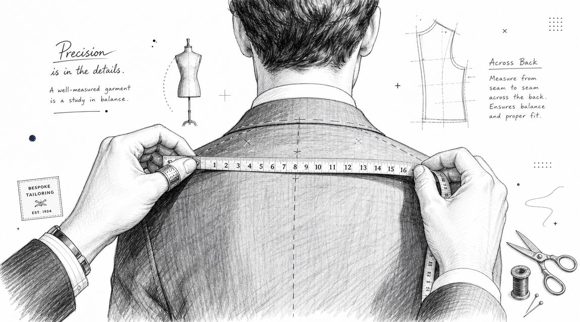 A detailed illustration of a tailor measuring a man's back with a tape measure for bespoke clothing.