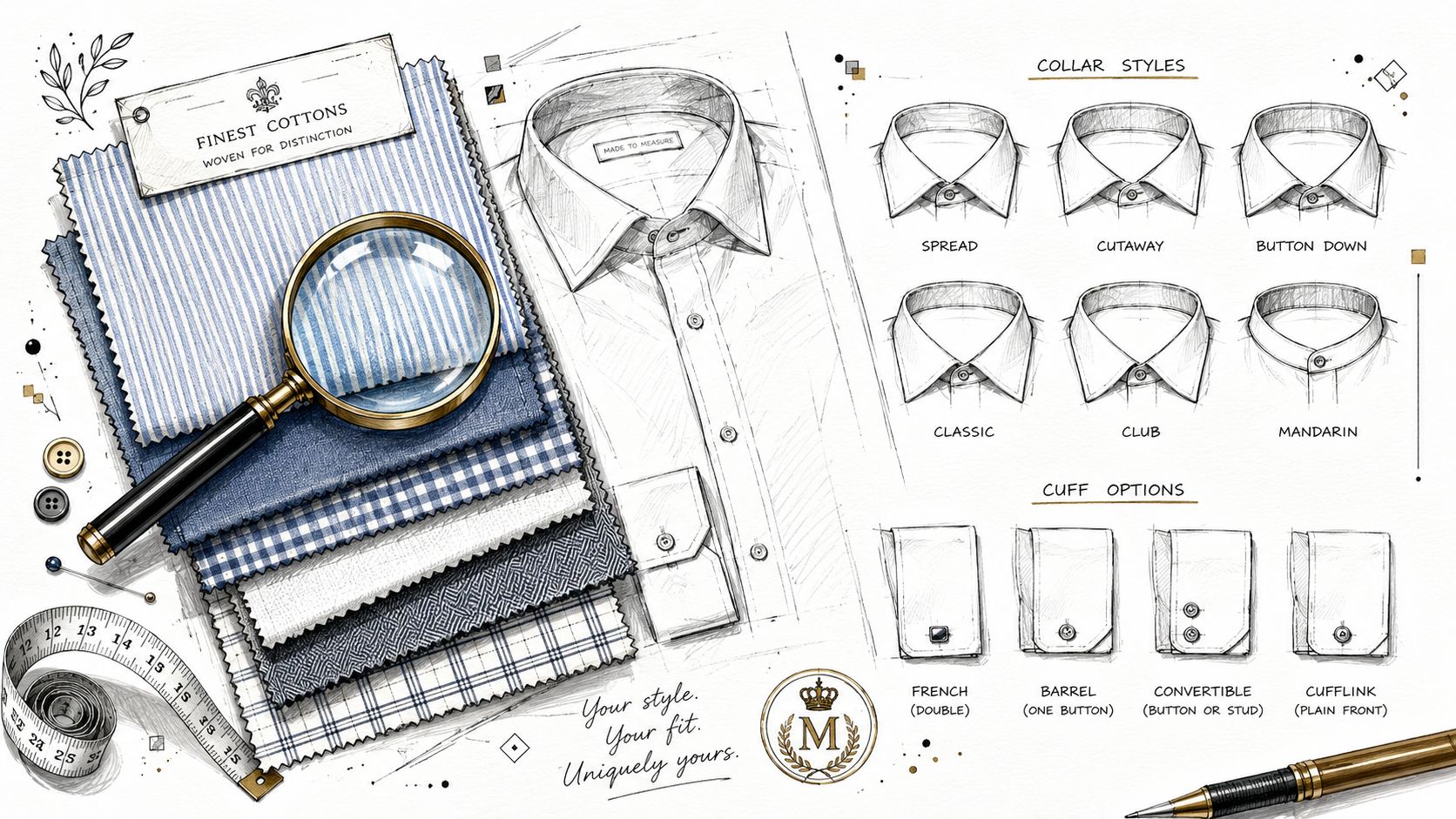 A detailed technical drawing illustration for custom made to measure shirts featuring fabric swatches and collar options.