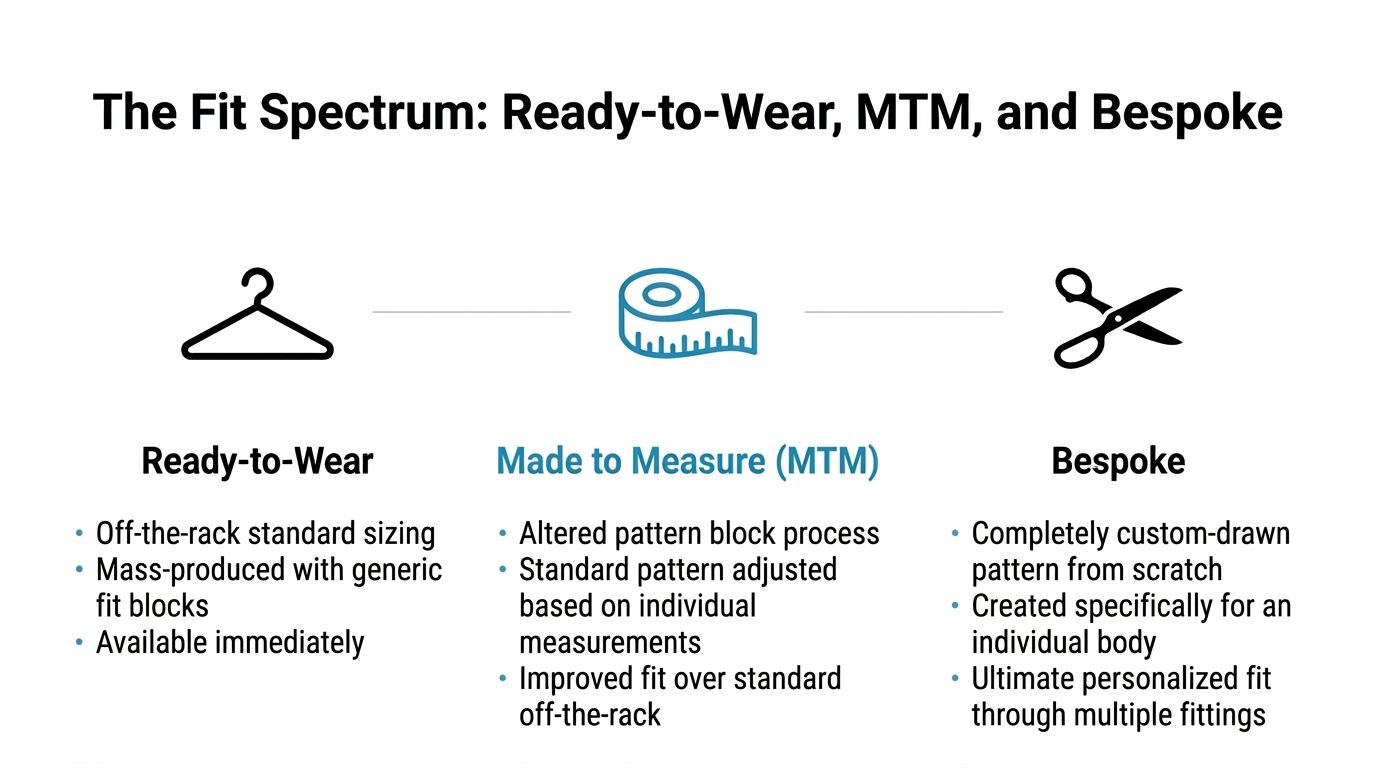 A diagram comparing the fit and construction methods of ready-to-wear, made to measure, and bespoke clothing options.