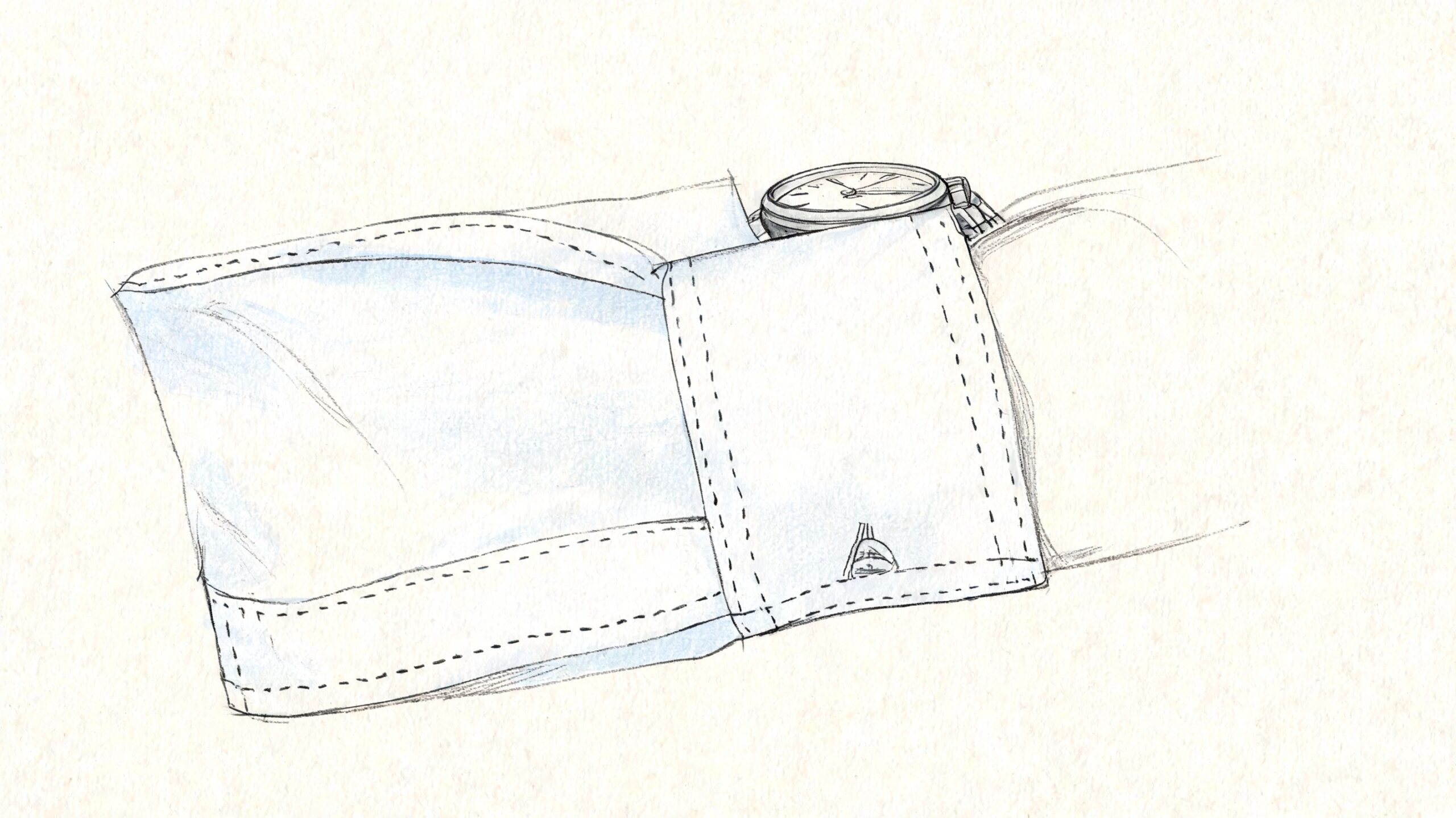 A detailed fashion sketch of a shirt sleeve cuff with a watch resting on the wrist