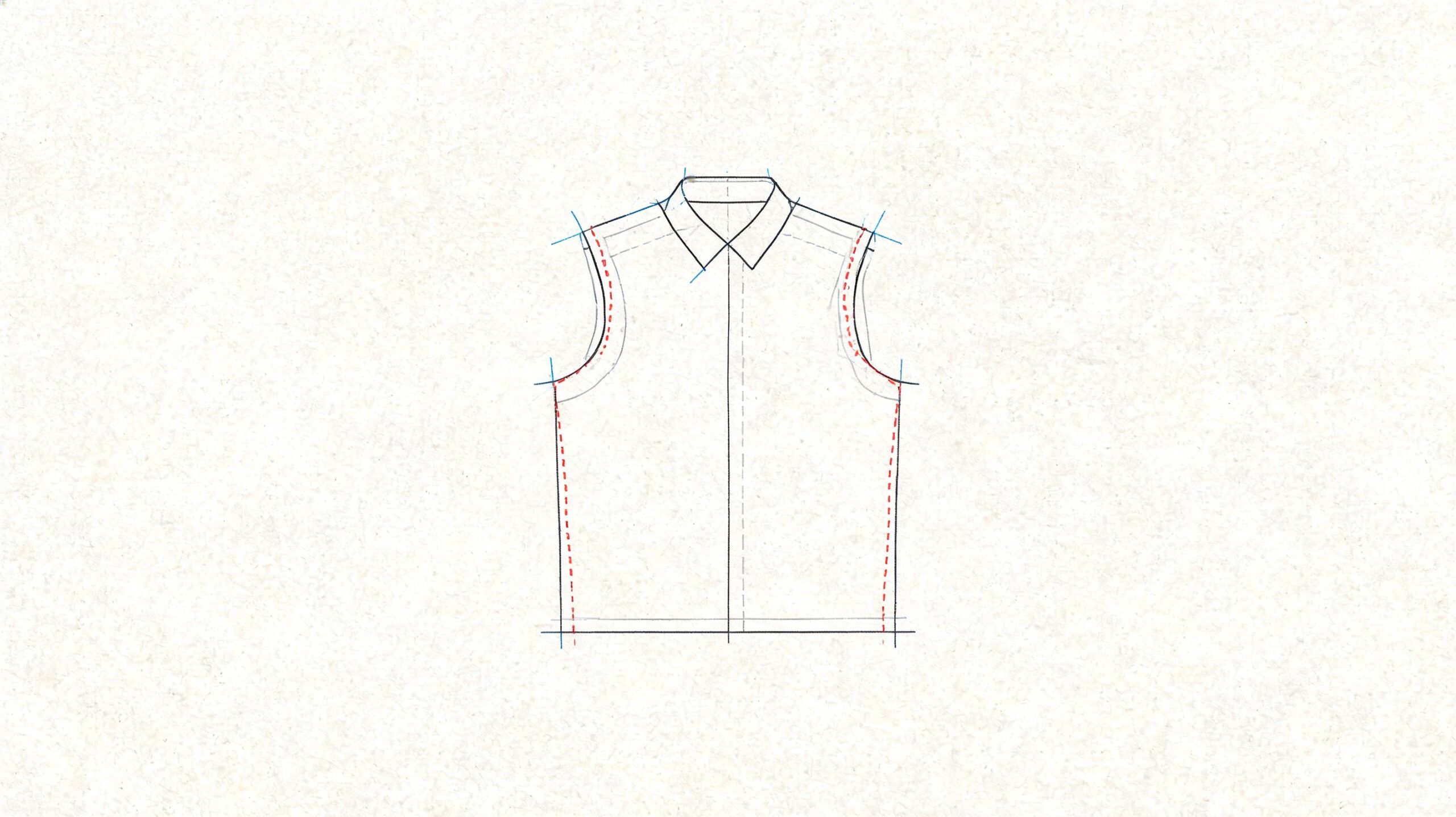 A minimalist black and white technical fashion sketch showing a sleeveless collared shirt design.
