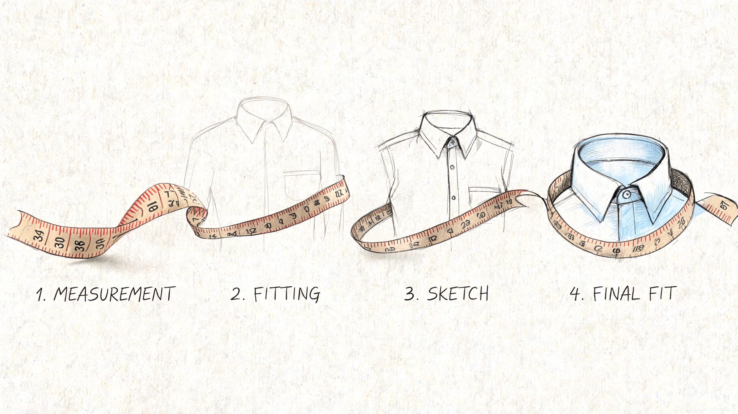 A conceptual illustration showing four steps of making a custom tailored shirt from measurement to final fit.